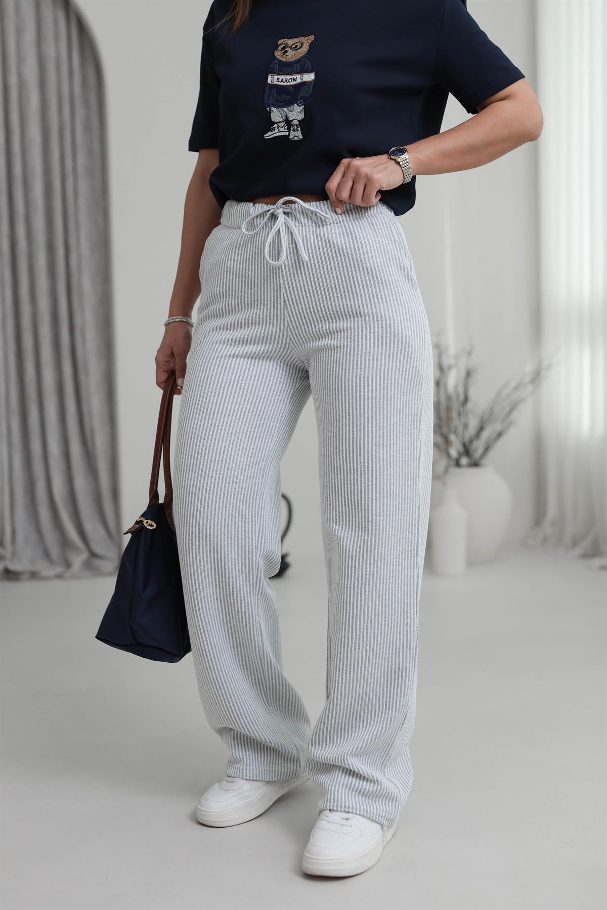 0146 Çizgili Rahat Pantolon GRİ