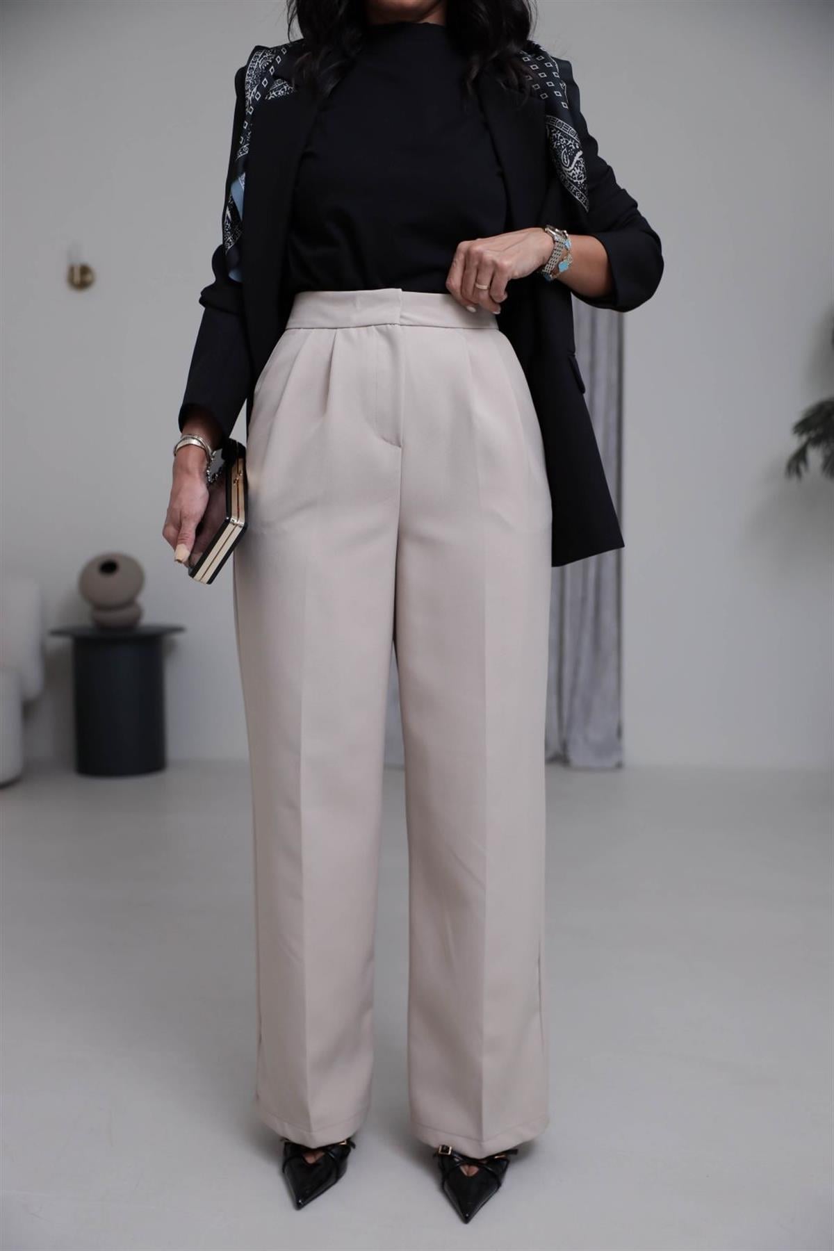 3869 Çift Pilili Kumaş Pantolon TAŞ