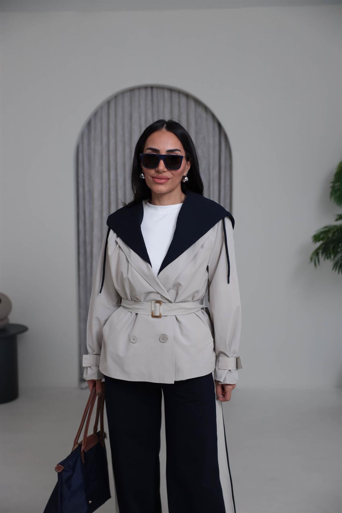 6984 Çıkarılabilir Kapşonlu Trençli Eşofman Takımı BEJ