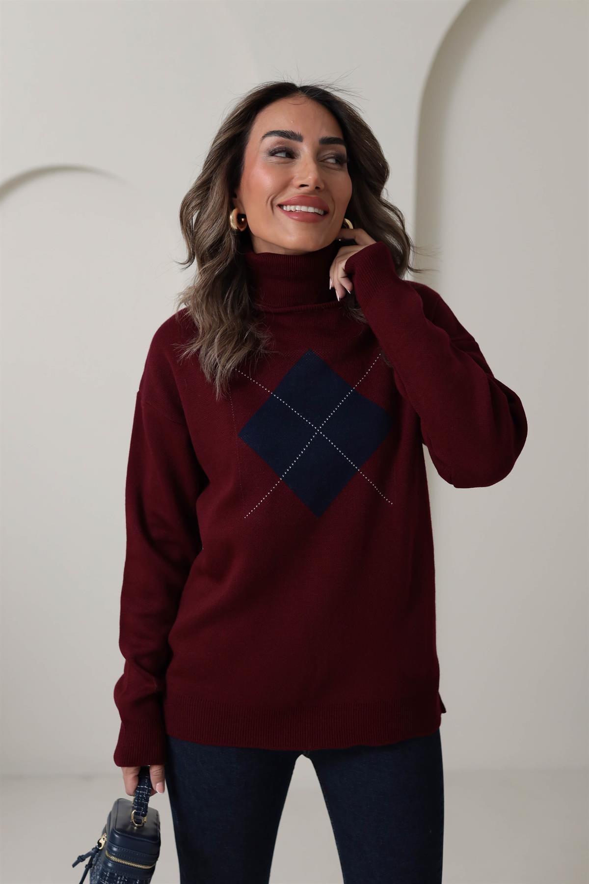 0060 Balıkçı Yaka Kare Desen Kazak BORDO