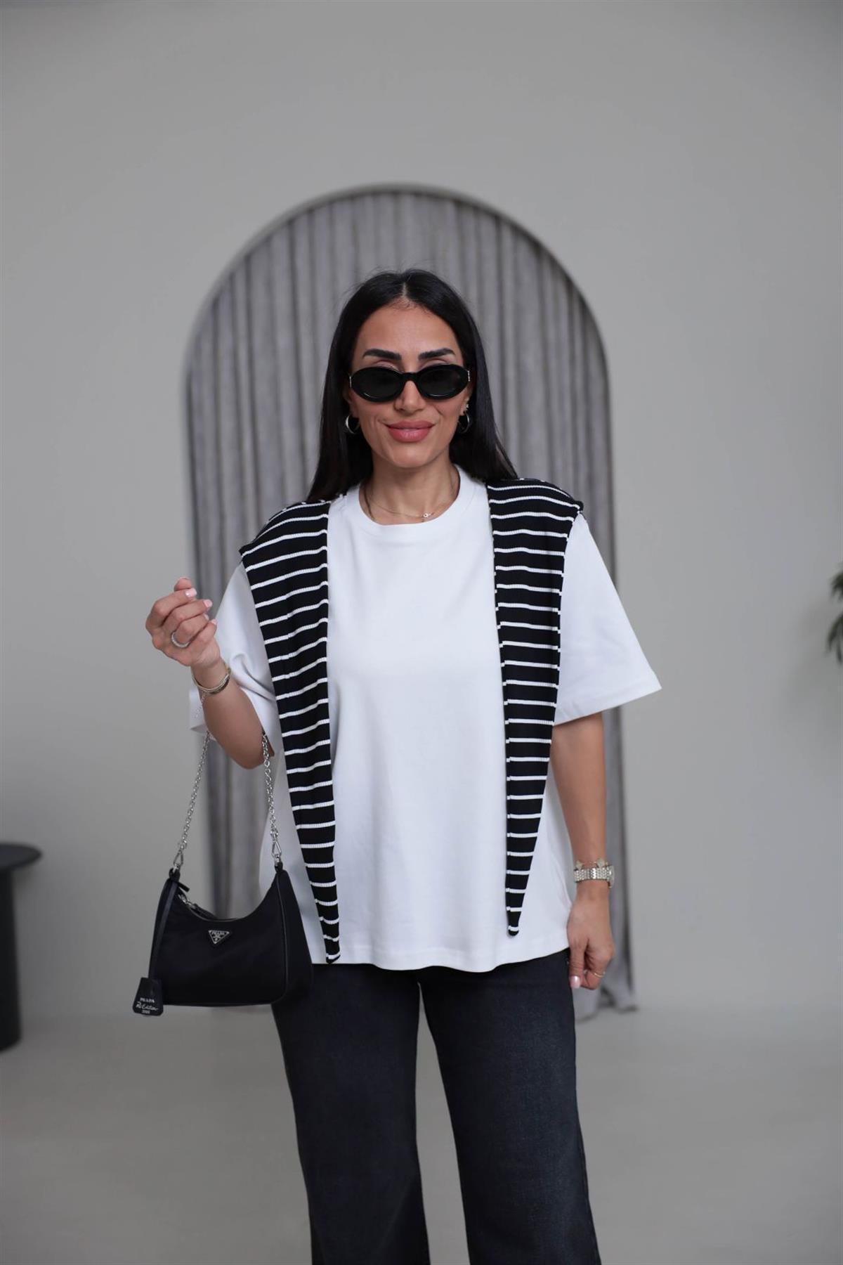 0688 Atkı Detaylı Çizgili Tshirt BEYAZ