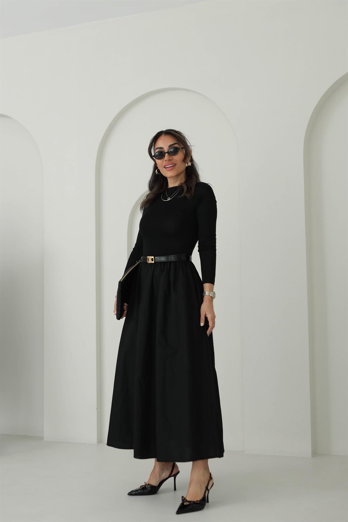 2062 Penye Detaylı Parçalı Poplin Elbise SİYAH