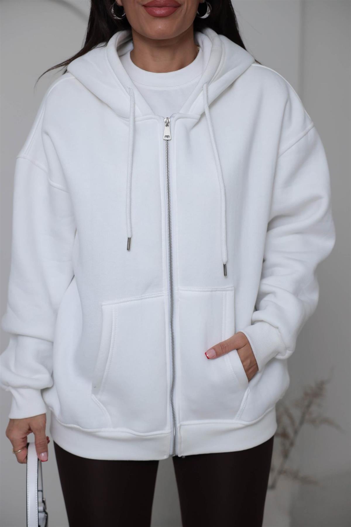 1003 3 İplik Şardonlu Kapşonlu Fermuarlı Ceket EKRU