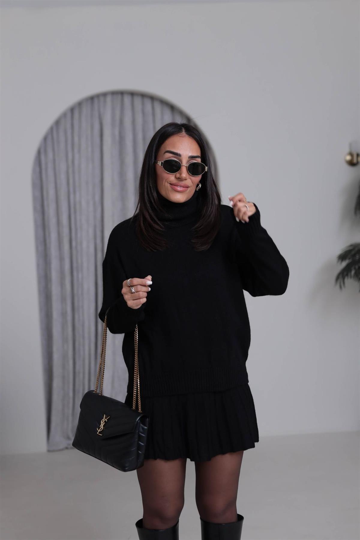 5139K Balıkçı Yaka Etekli Triko Takım SİYAH