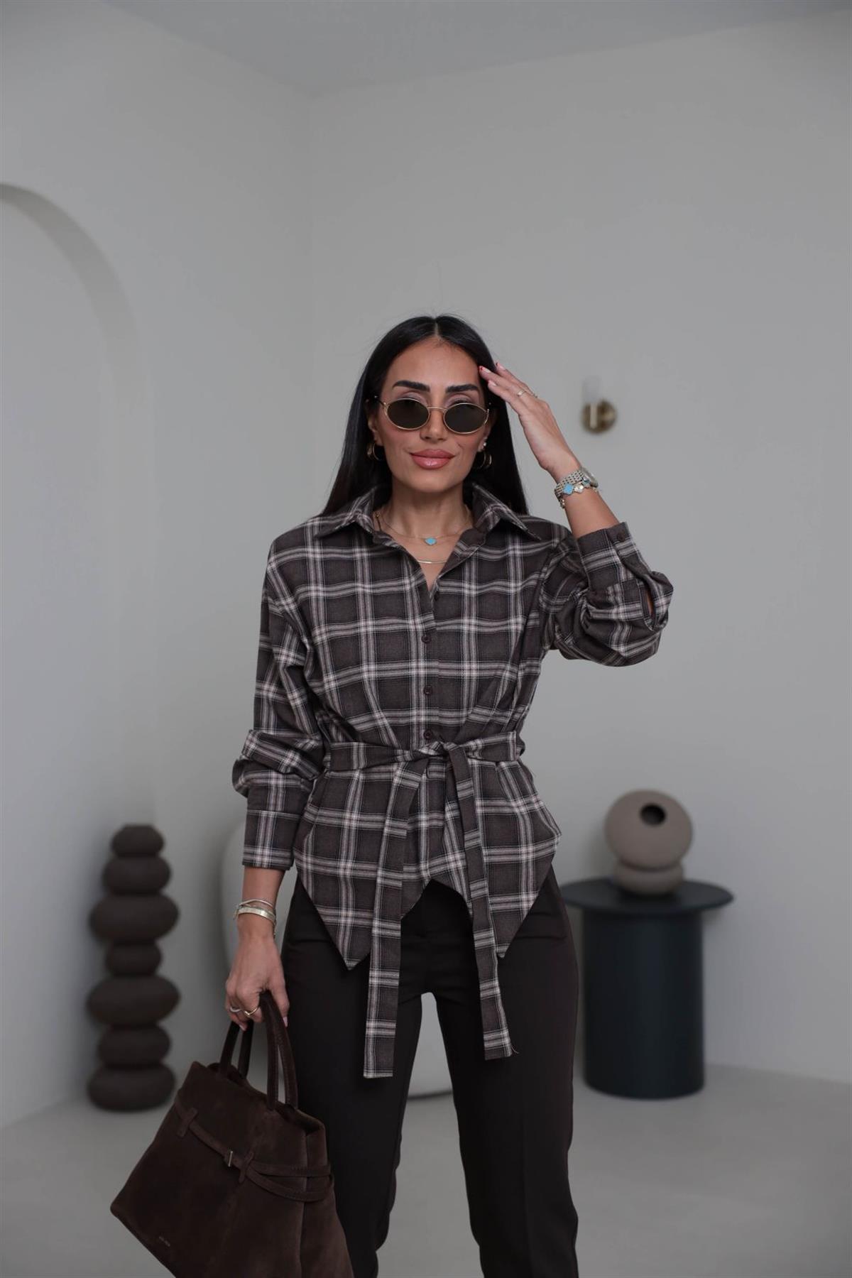 6997 Vatkalı Bağlama Detaylı Gömlek KAHVE