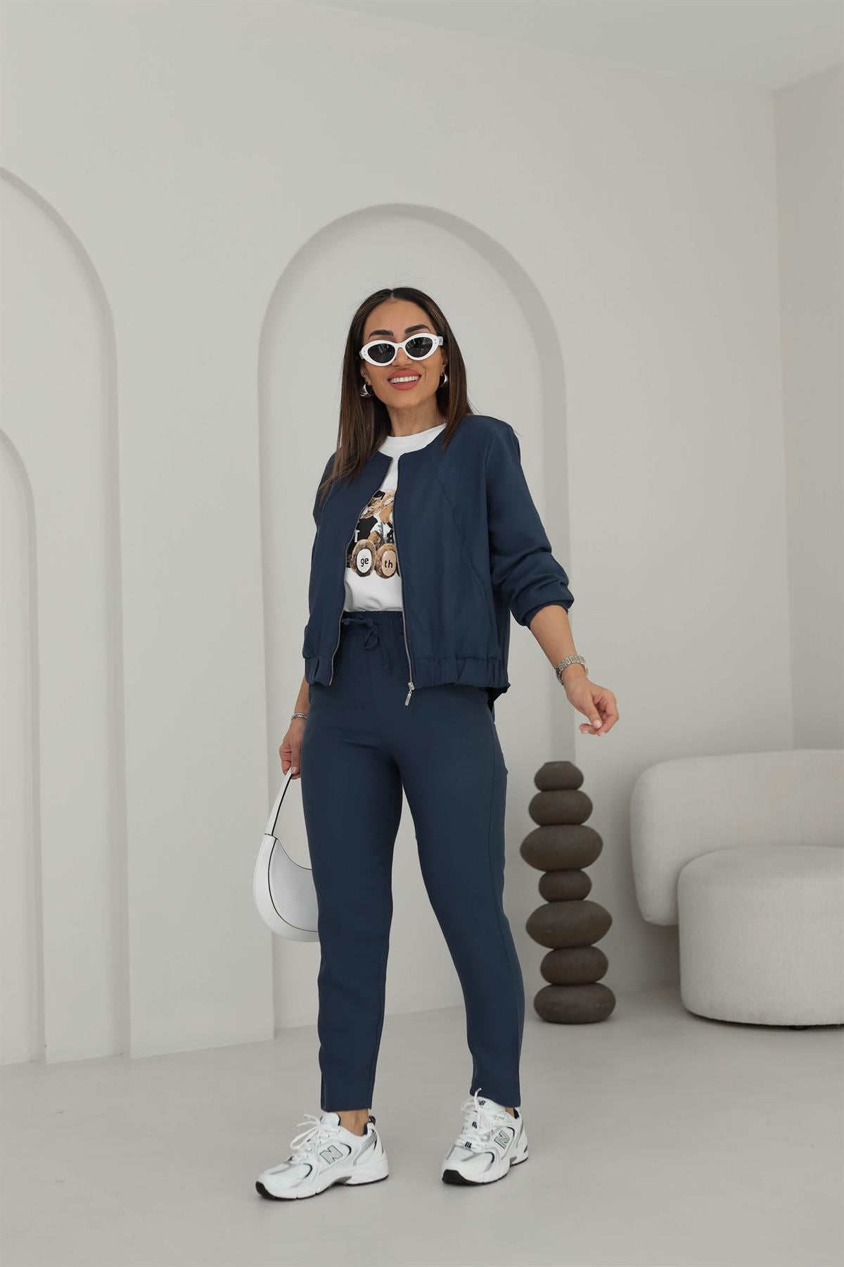 3193 Fermuar Ve Önü Lastik Detaylı Tencel Kumaş Takım Indigo