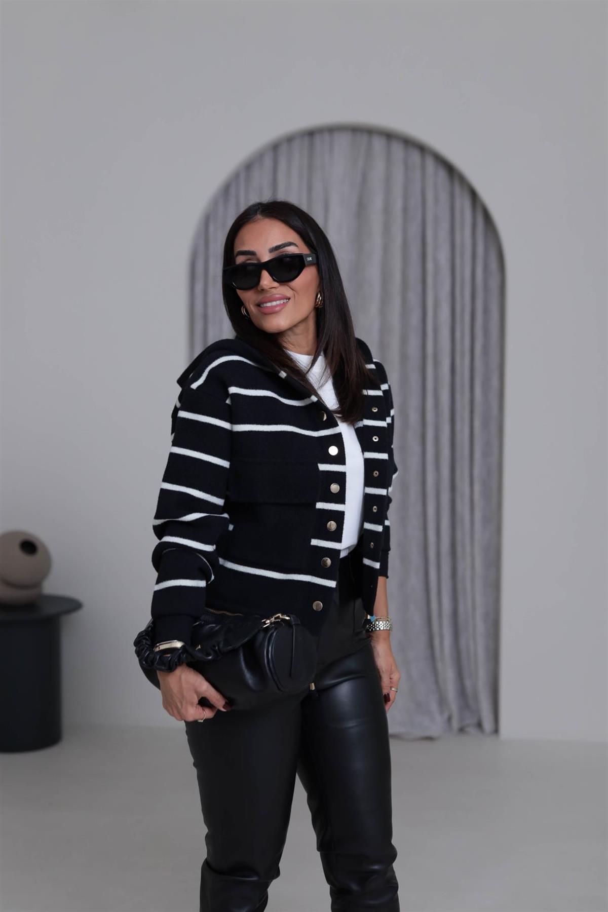 4600 Gold Düğme Detaylı Çizgili Angora Ceket SİYAH