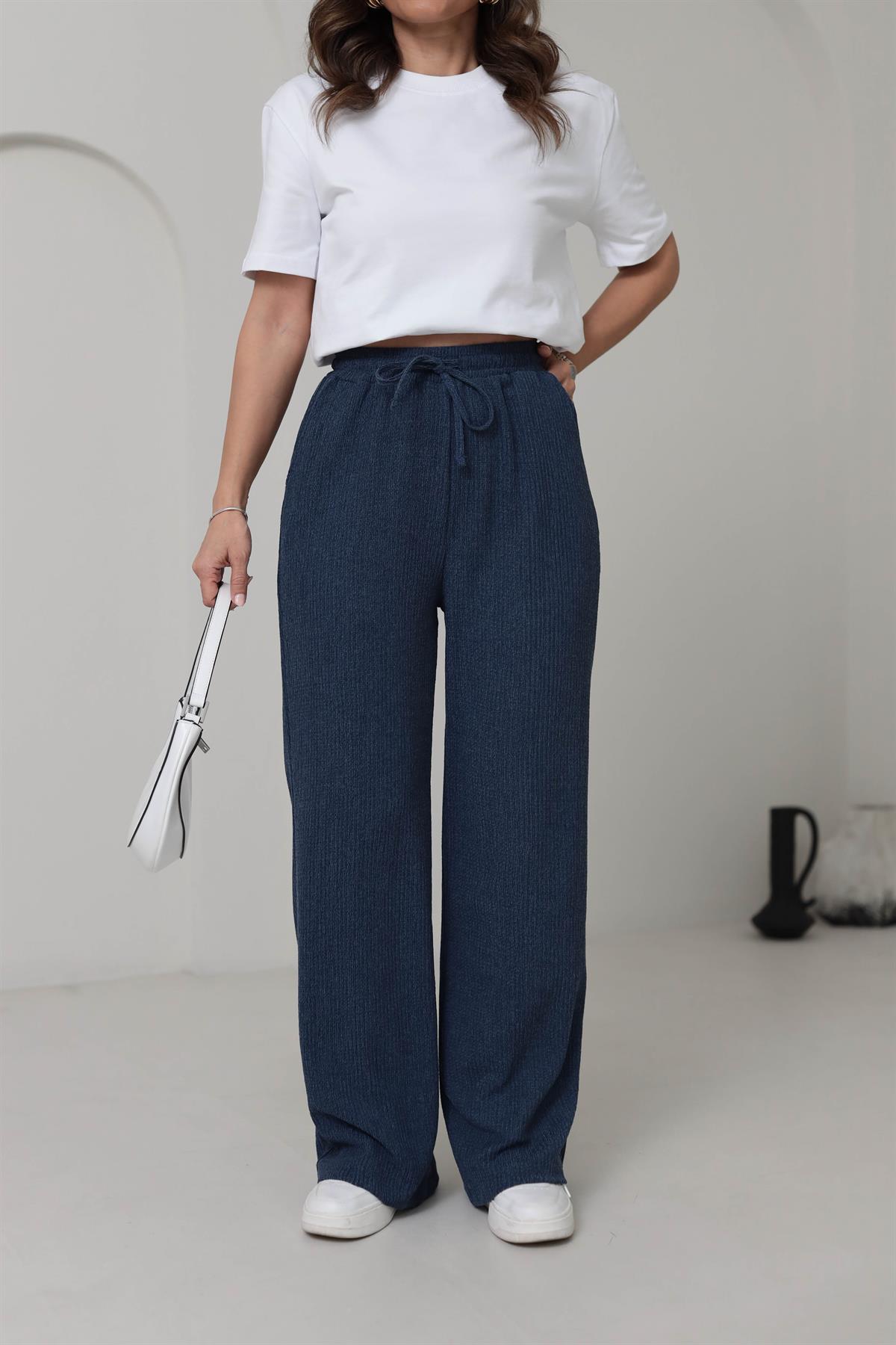 6525 Beli Lastikli Bürümcük Kumaş Rahat Pantolon LACİVERT