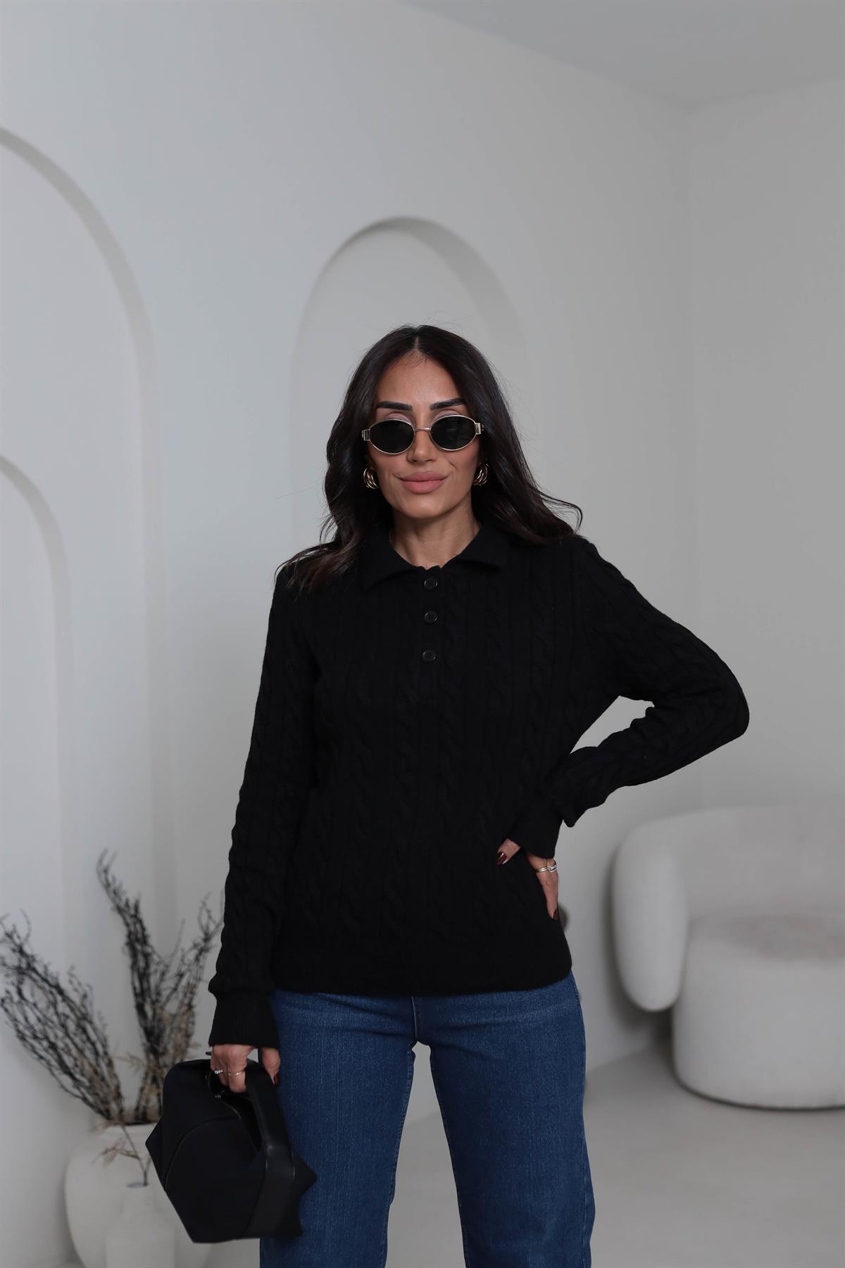 0145 Saç Örgü Polo Yaka Rahat Kazak SİYAH