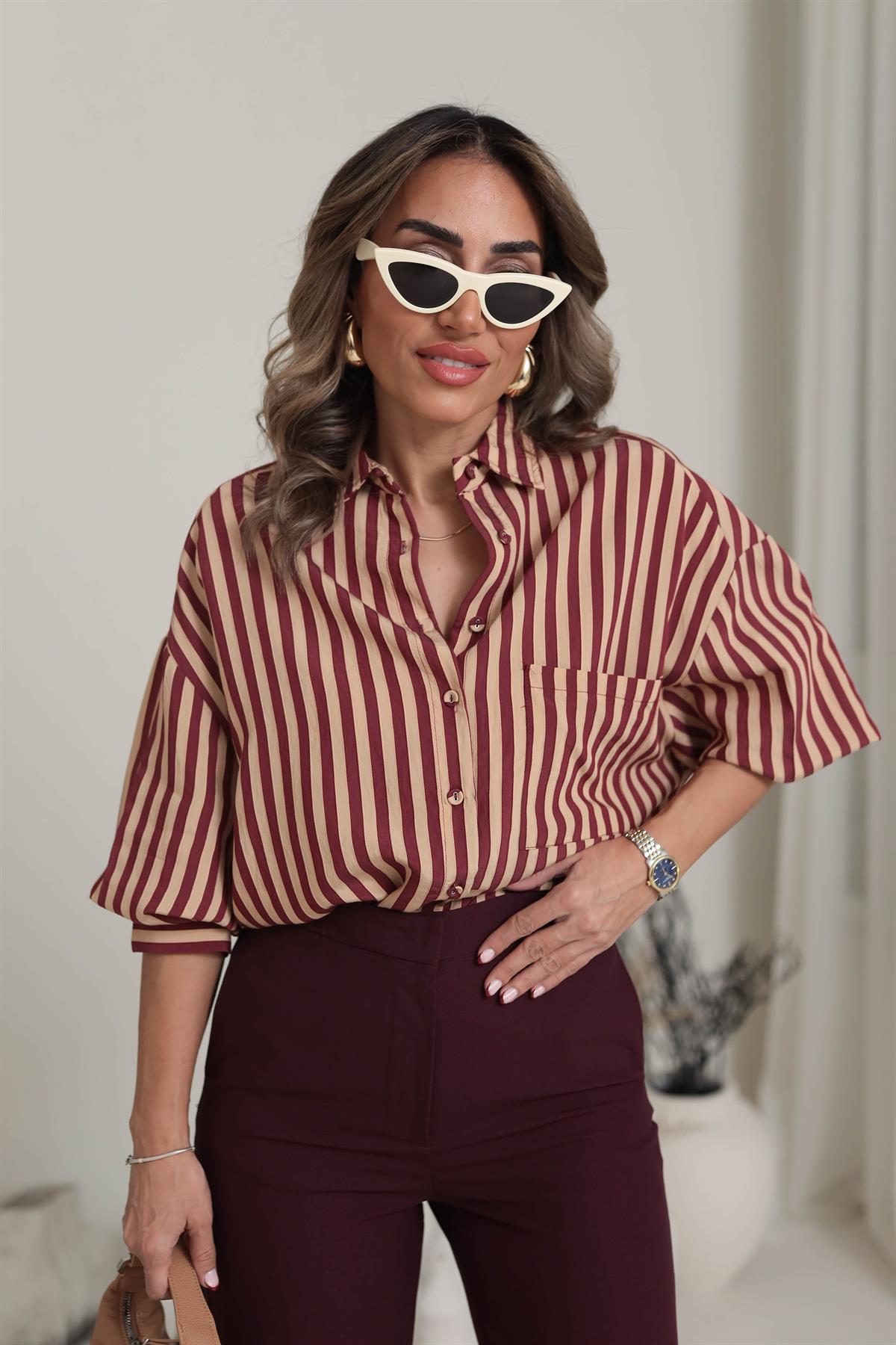 4969 Çizgili Rahat Viskon Gömlek BORDO