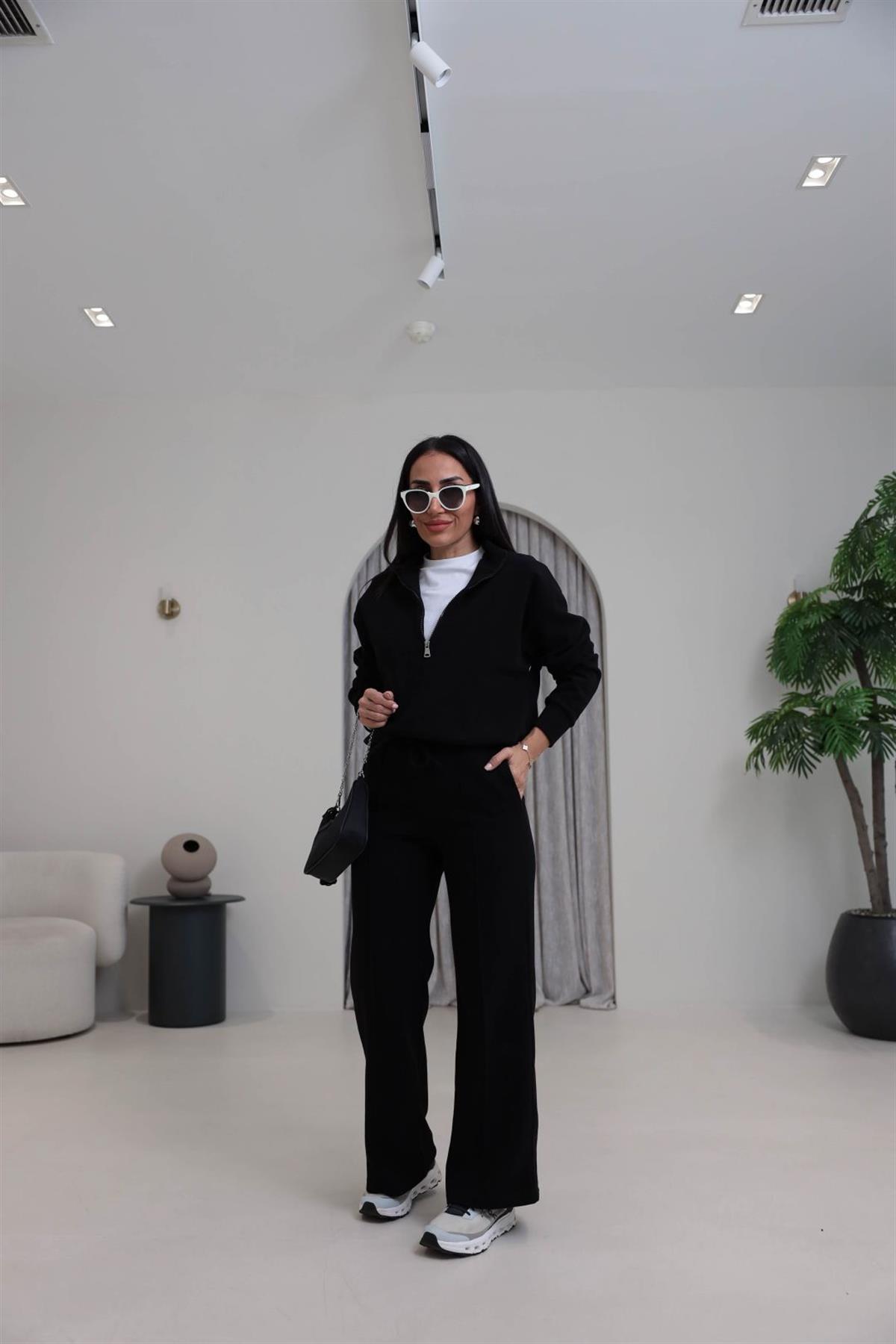 0122 Yarım Fermuarlı Tshirt Garnili Selanik Kumaş Takım SİYAH