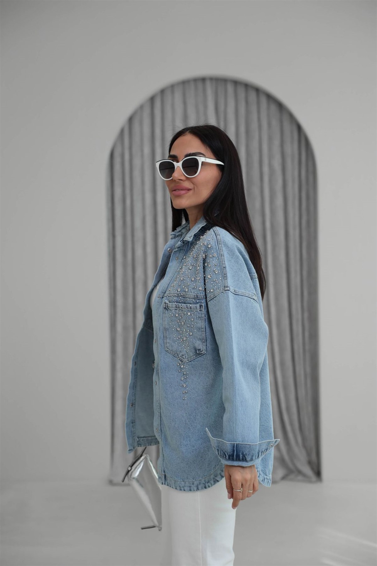 9419 Çıtçıtlı Full Taşlı Kot Gömlek Ceket AÇIK MAVİ