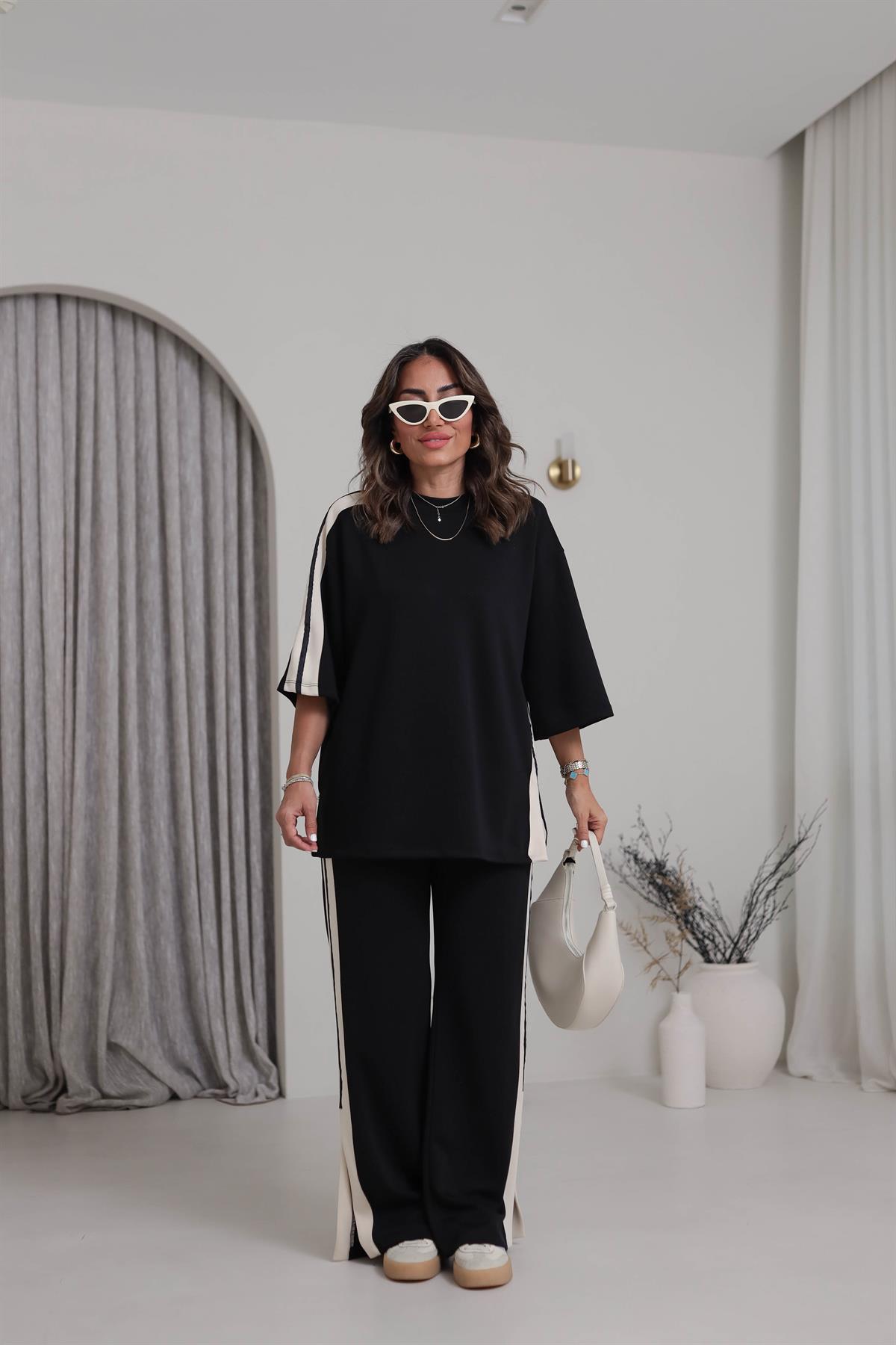 6116 Şeritli Yanları Yırtmaçlı Modal Kumaş Takım SİYAH-BEJ