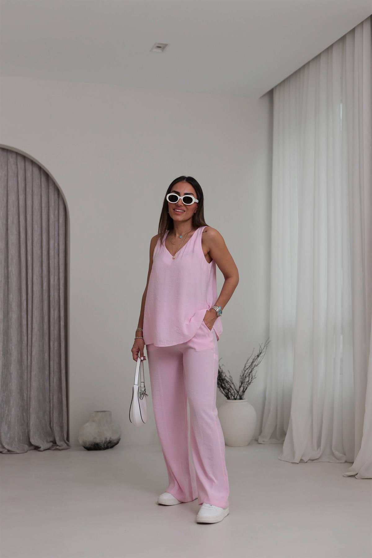 3142 V Yaka Sıfır Kol Tencel Takım PEMBE