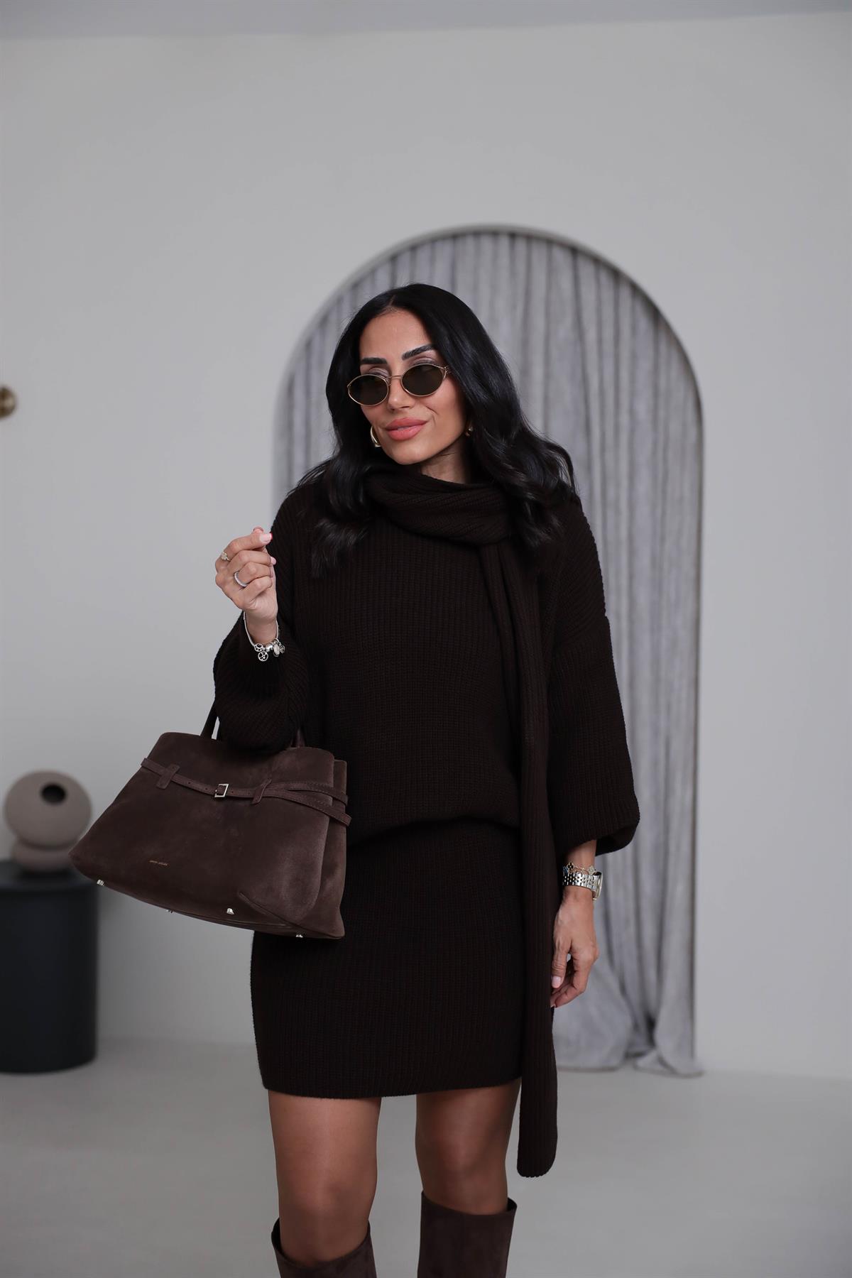 2581 Bisiklet Yaka Şal Detaylı Örgü Etek Takım ACI KAHVE