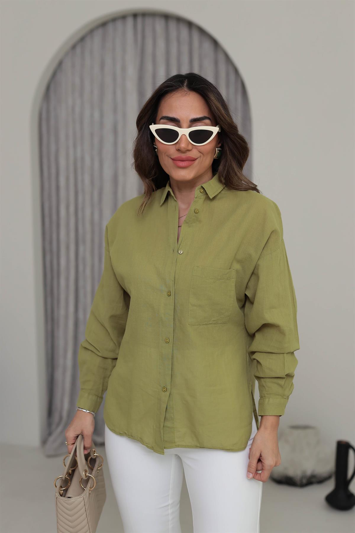 4294 Cep Detaylı Pamuklu Dokulu Gömlek FISTIK YEŞİLİ