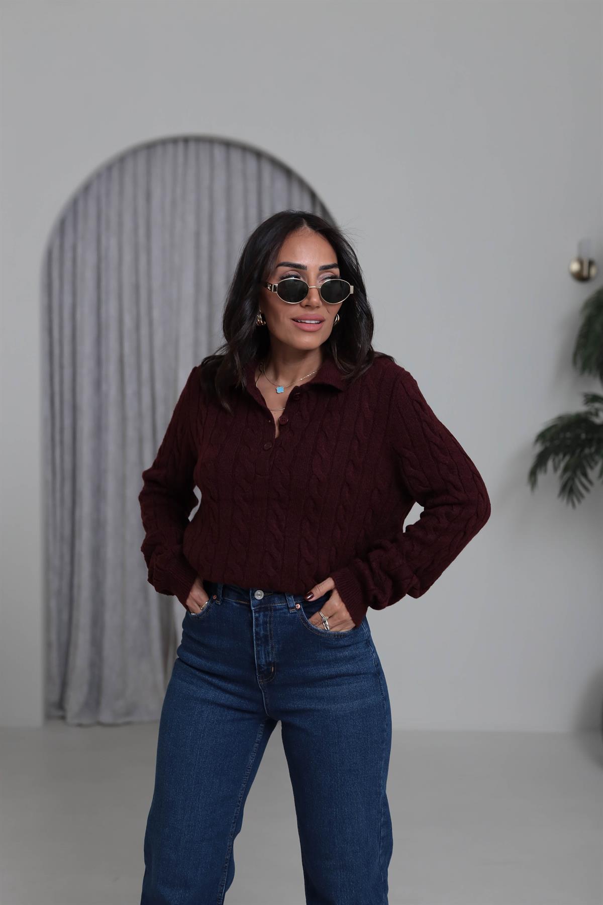 0145 Saç Örgü Polo Yaka Rahat Kazak MÜRDÜM