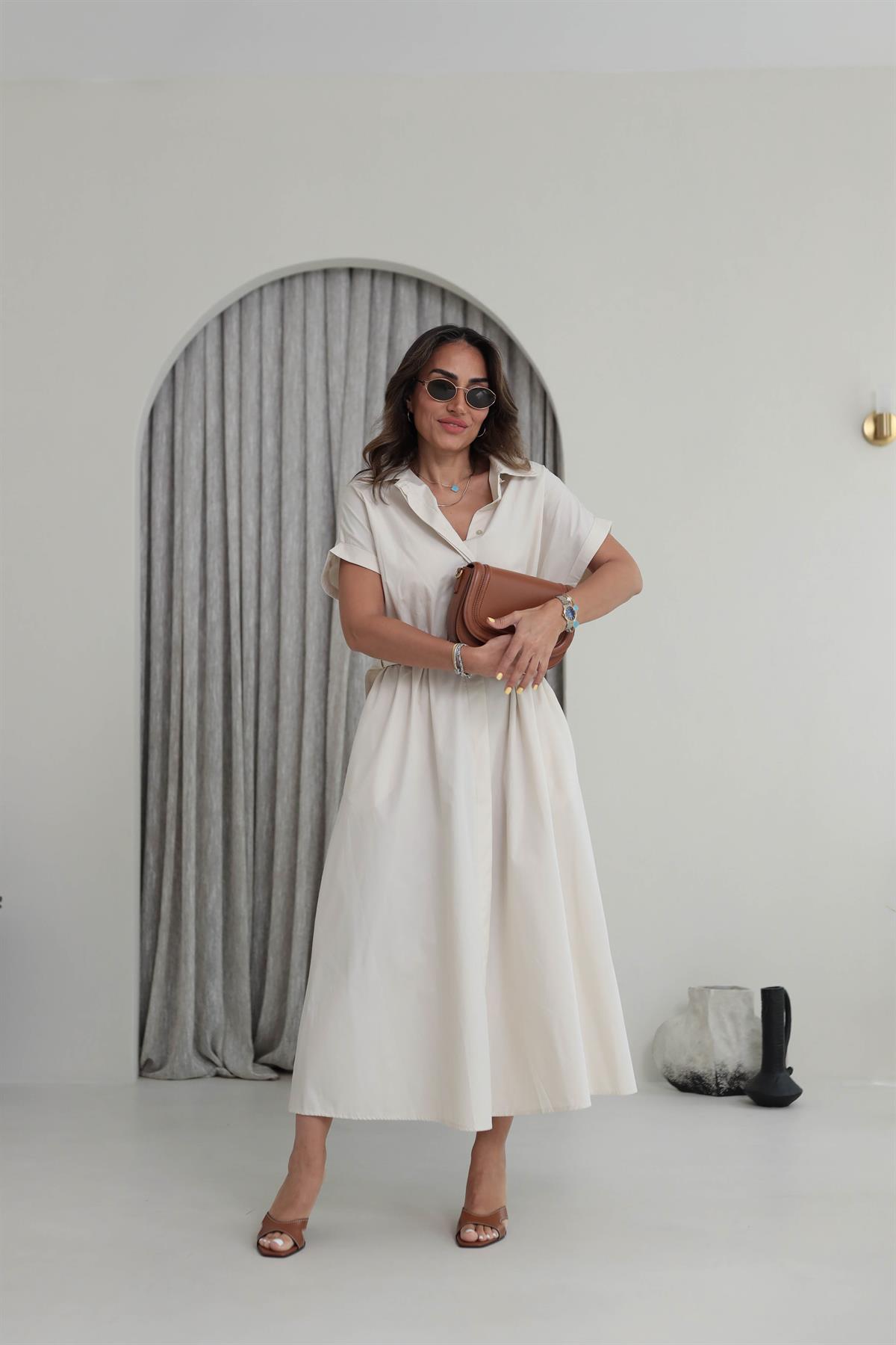 02075 Kısa Kol Kemerli Gömlek Elbise TAŞ