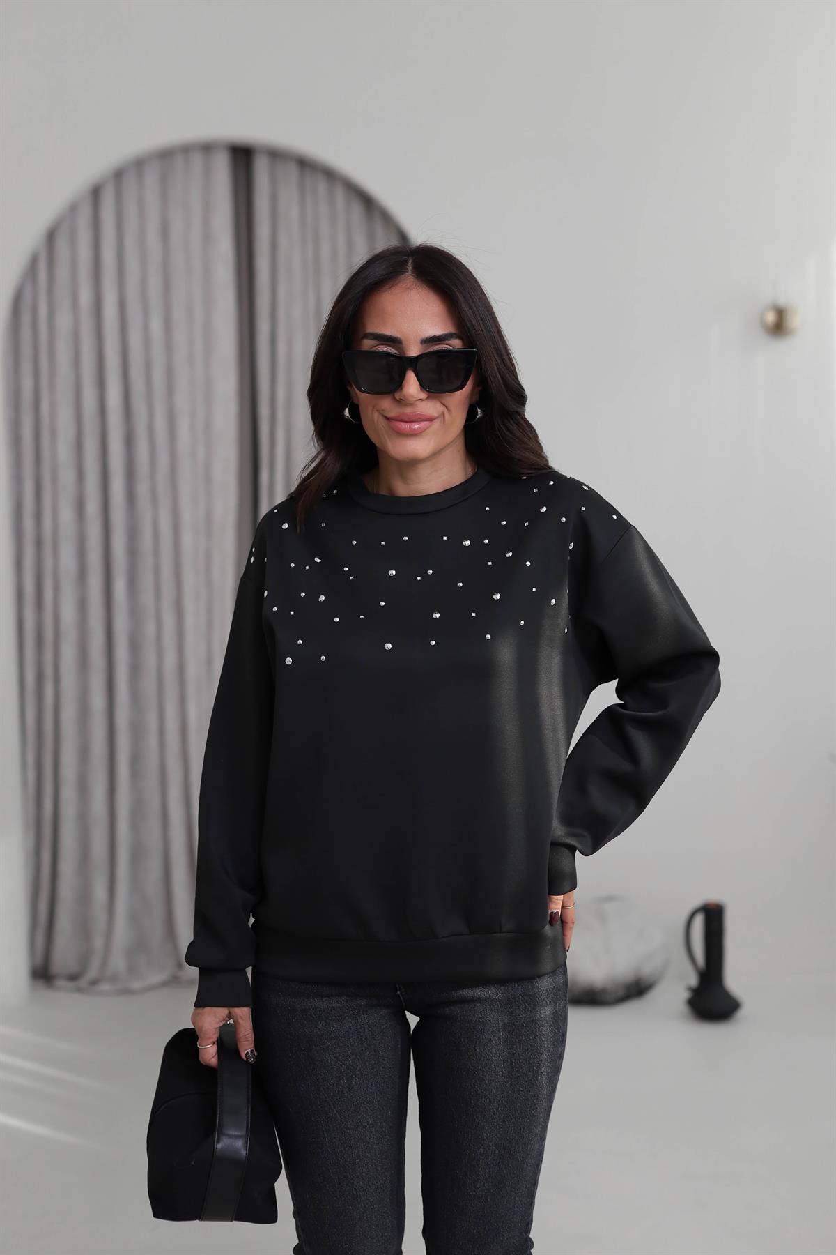 5902 Serpme Taşlı Scuba Sweatshirt SİYAH