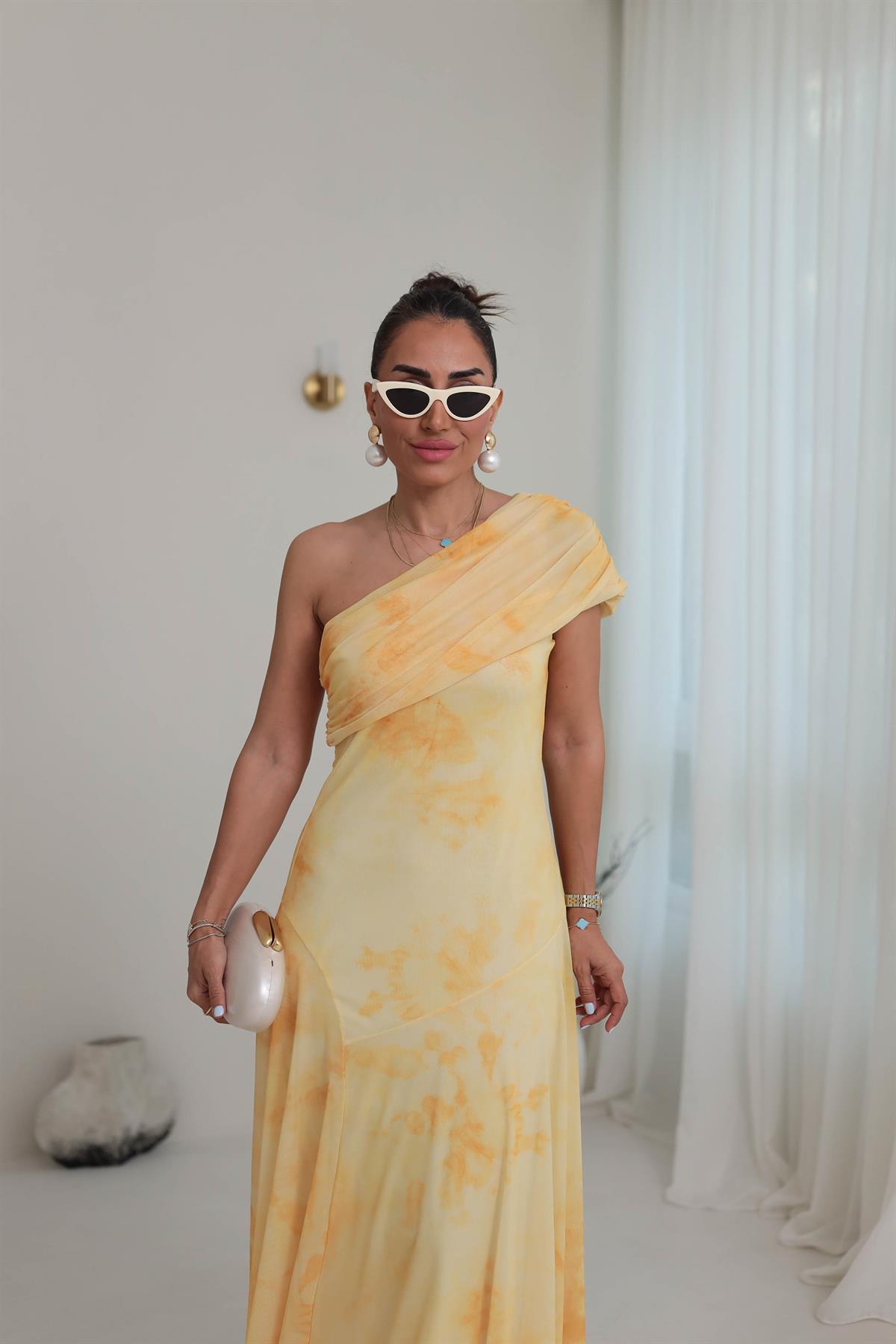 5177 Tek Omuz Drape Detaylı Parçalı Tül Elbise SARI