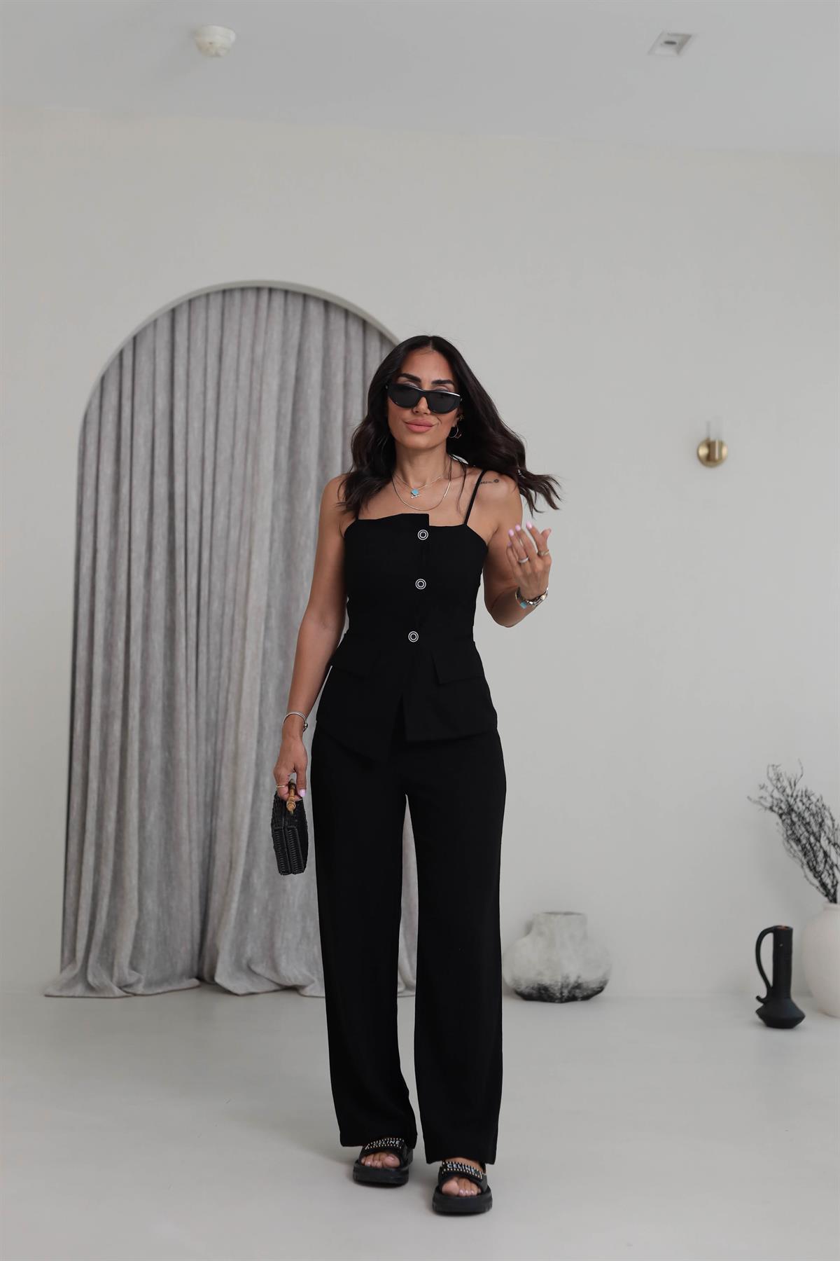 0288 Askıları Ayarlanabilir Tencel Keten Yelek & Pantolon Takım SİYAH