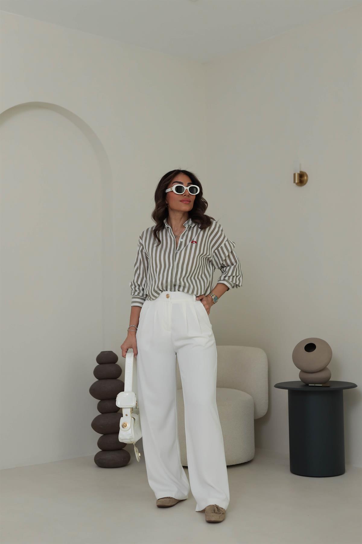 7053 Çizgili Kalp Nakışlı Cotton Gömlek HAKİ YEŞİL