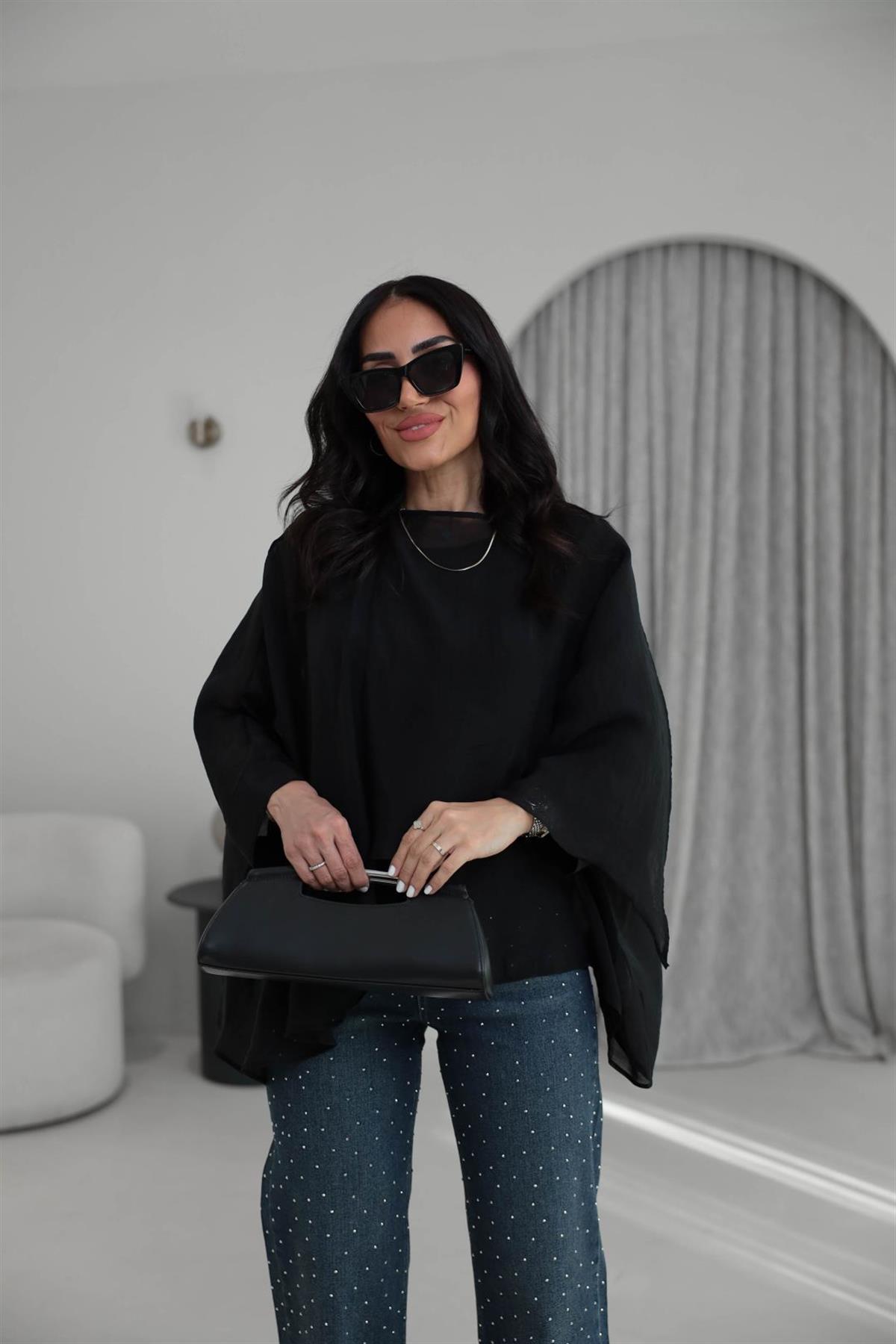 5026 Uçuşan Pelerin Bluz SİYAH