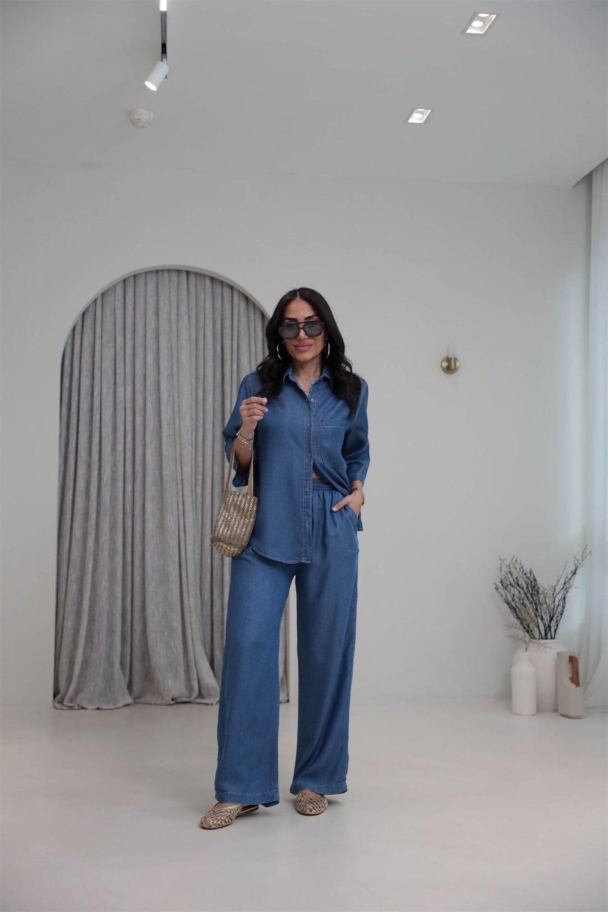 0926 Tencel Kumaş Gömlek ve Pantolon Takım KOYU MAVİ