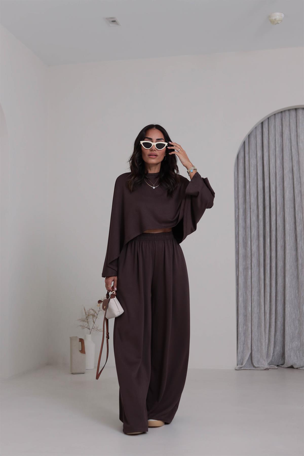 4025 Oys Yarasa Kollu Modal Takım KAHVE