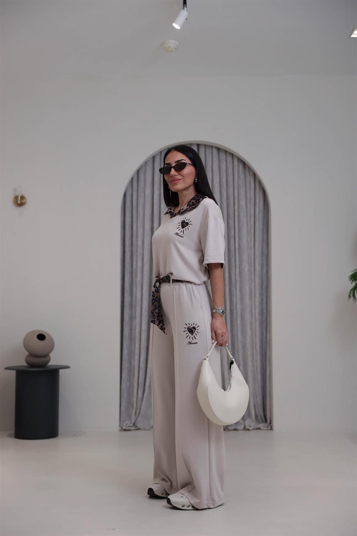 7539 Leopar Saten Yakalı Nakışlı Modal Takım TAŞ