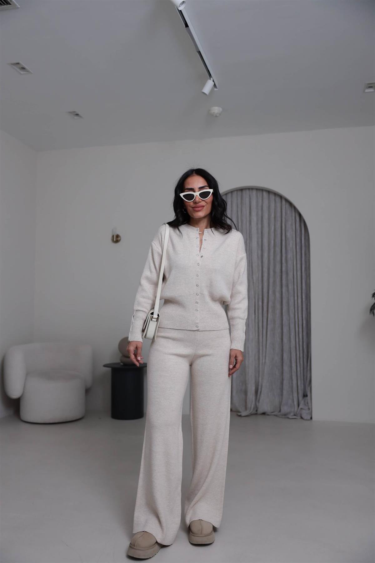 0129 Bisiklet Yaka Çıtçıt Detaylı Triko Takım TAŞ