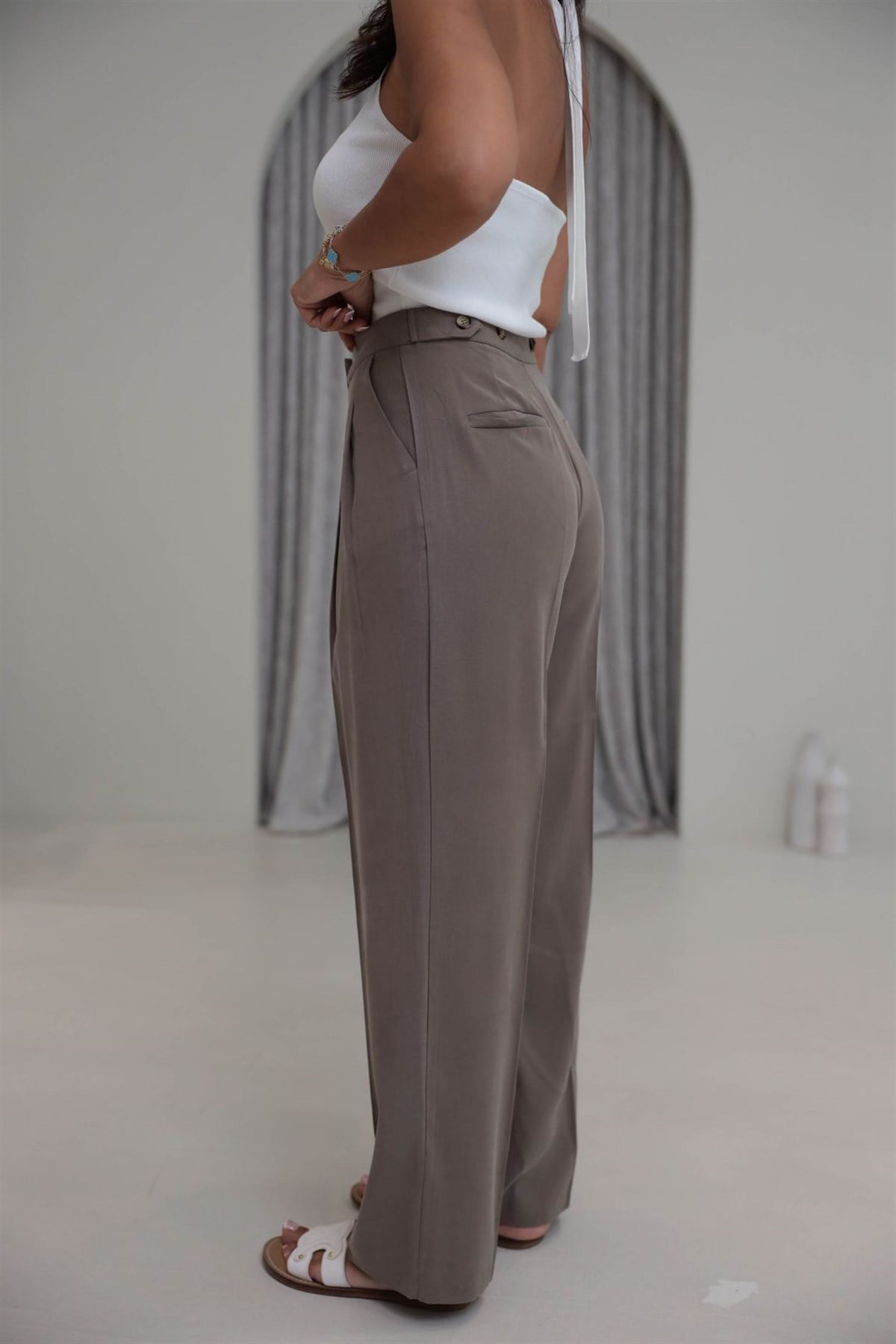 7545 Beli Ayarlanabilir Tencel Pantolon VİZON