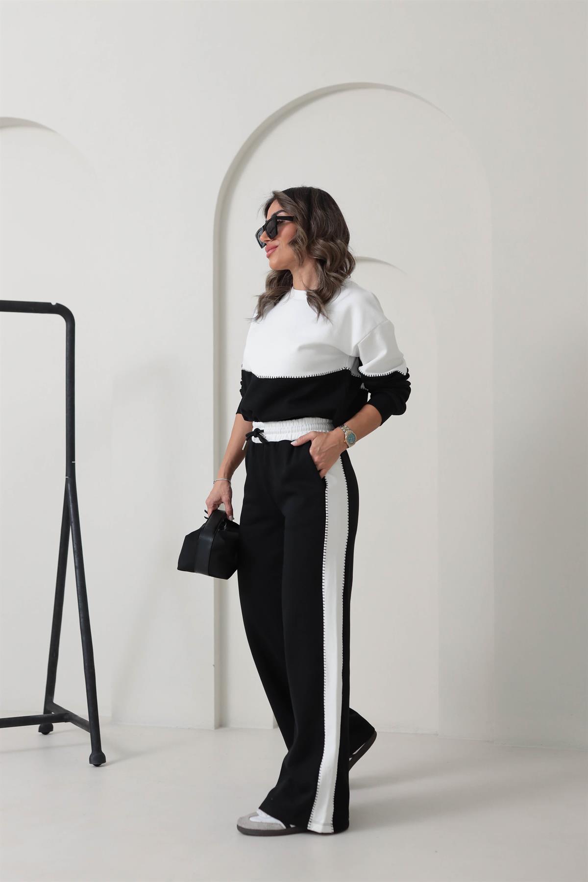 6798 Kroşeteli Üç İplik Eşofman Takımı SİYAHBEYAZ