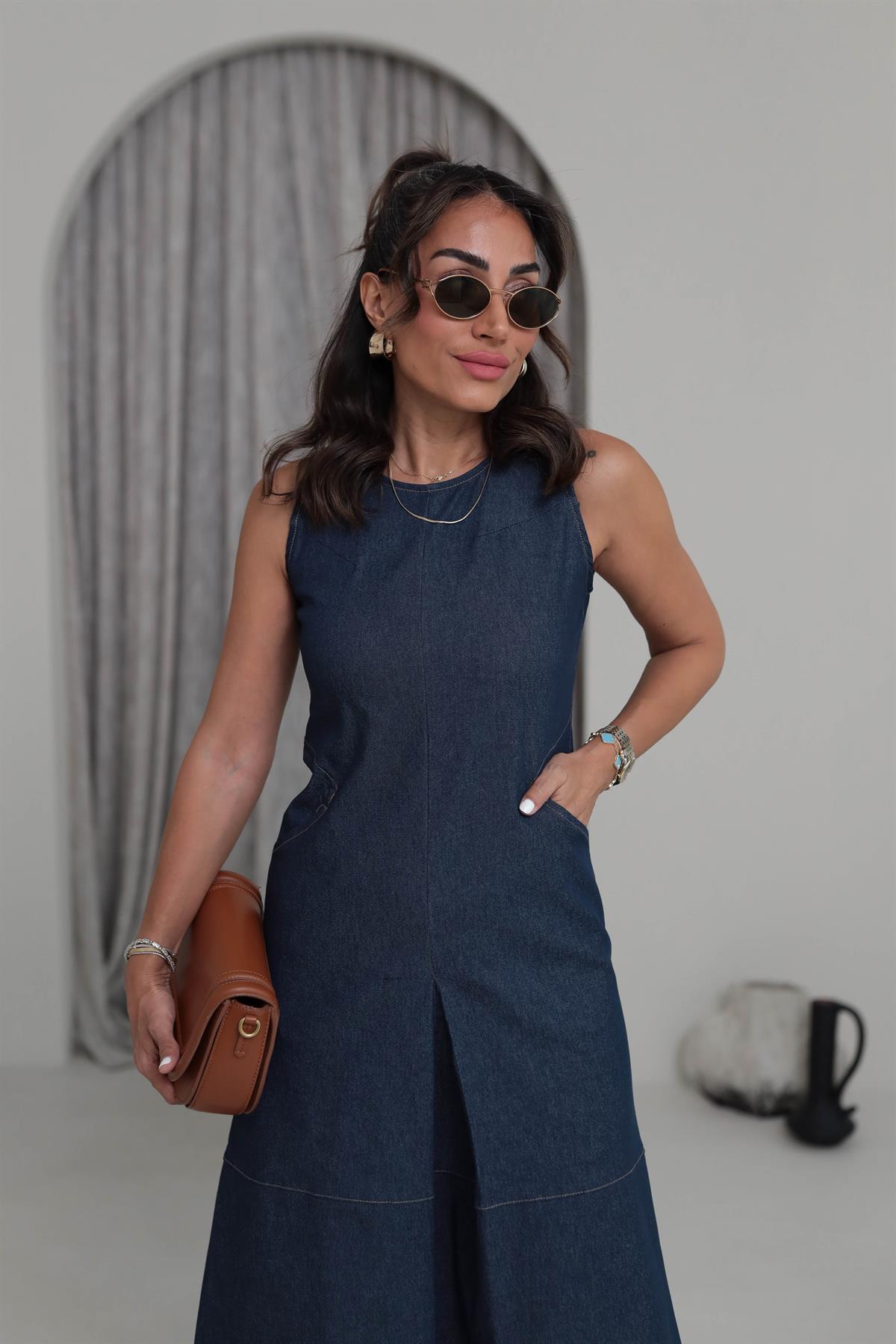 9901 Sıfır Kol Dikiş Detay Likralı Elbise LACİVERT