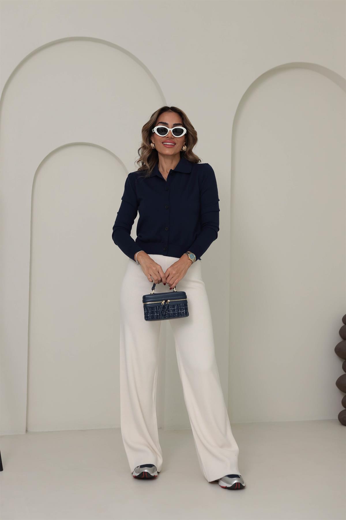 Polo Yaka Dokulu Premium Hırka LACİVERT