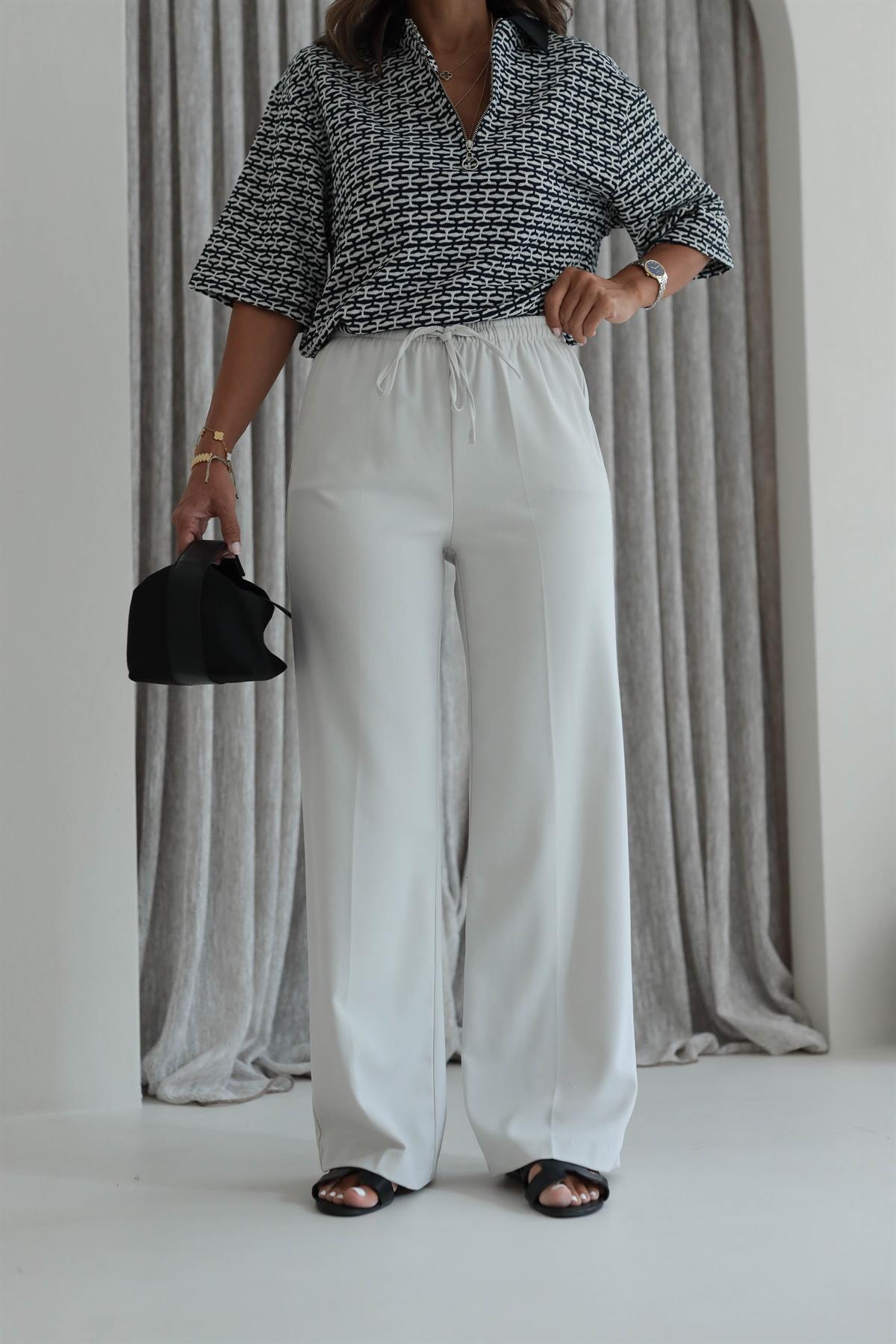 6054 Kemeri Lastikli Dokuma Kumaş Pantolon TAŞ