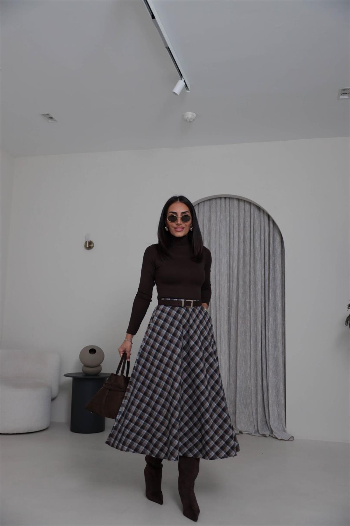 4086 Midi Boy Ekose Etek BEJ-KAHVE