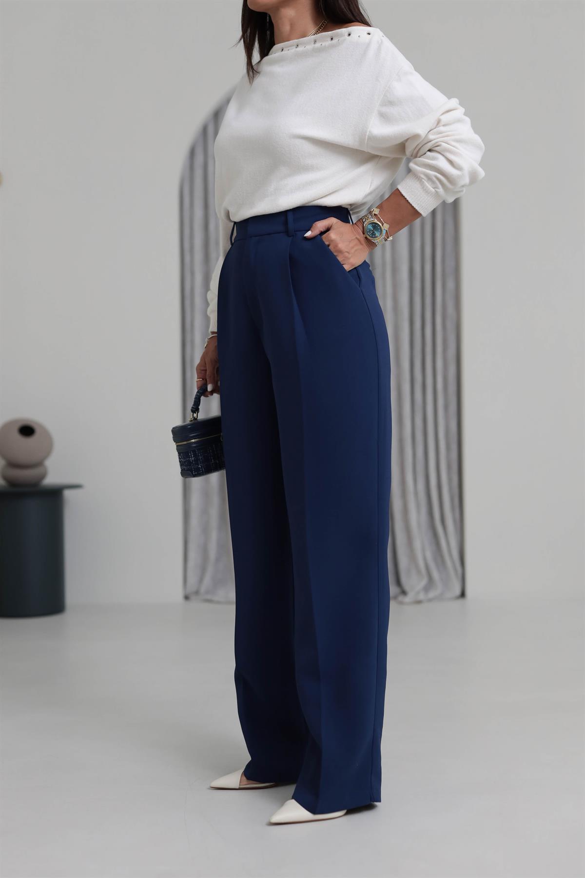 1024 Pile Detaylı Kumaş Pantolon Indigo