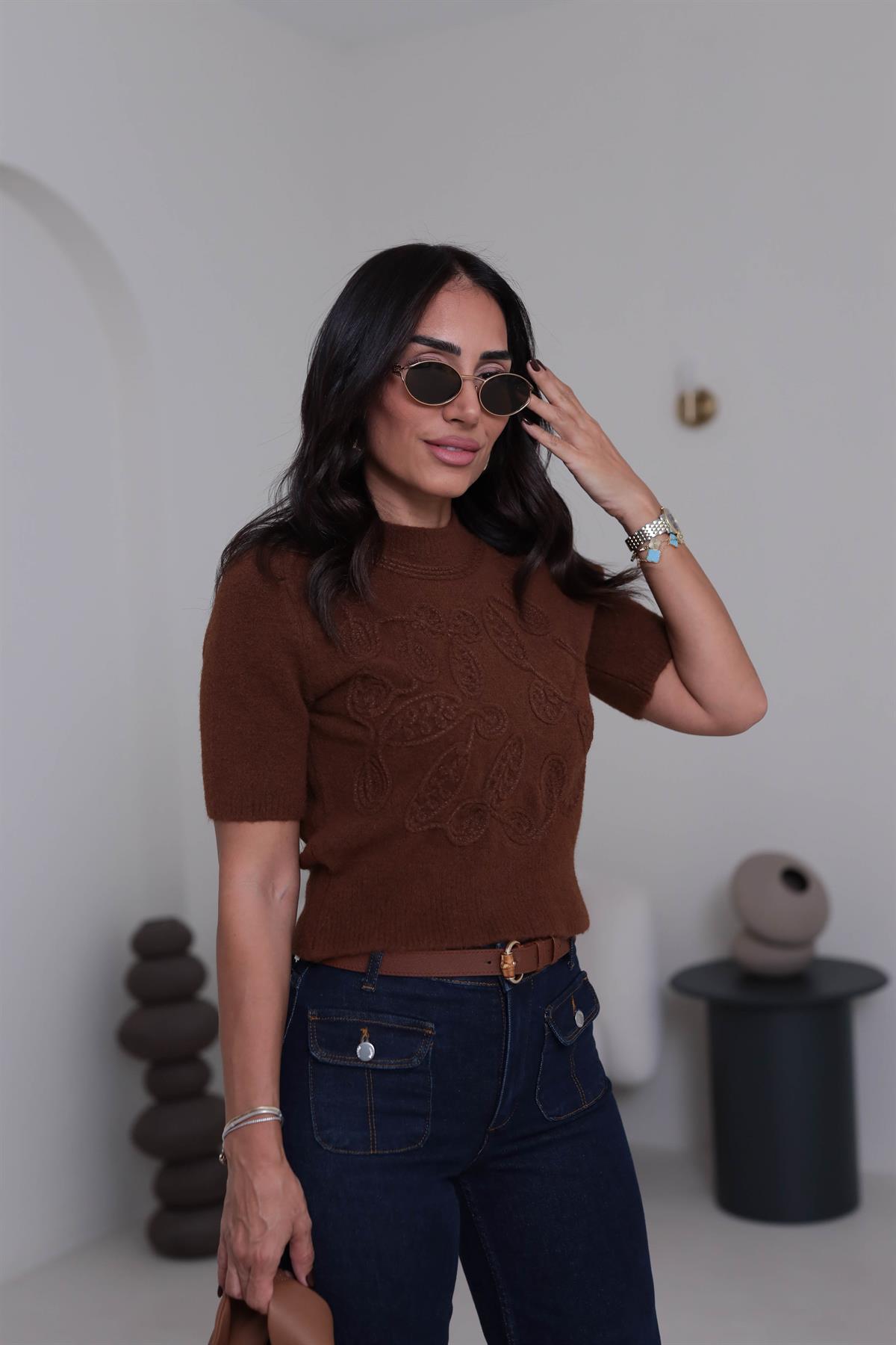 5021 Bisiklet Yaka İşleme Detaylı Kısa Kol Triko KAHVE