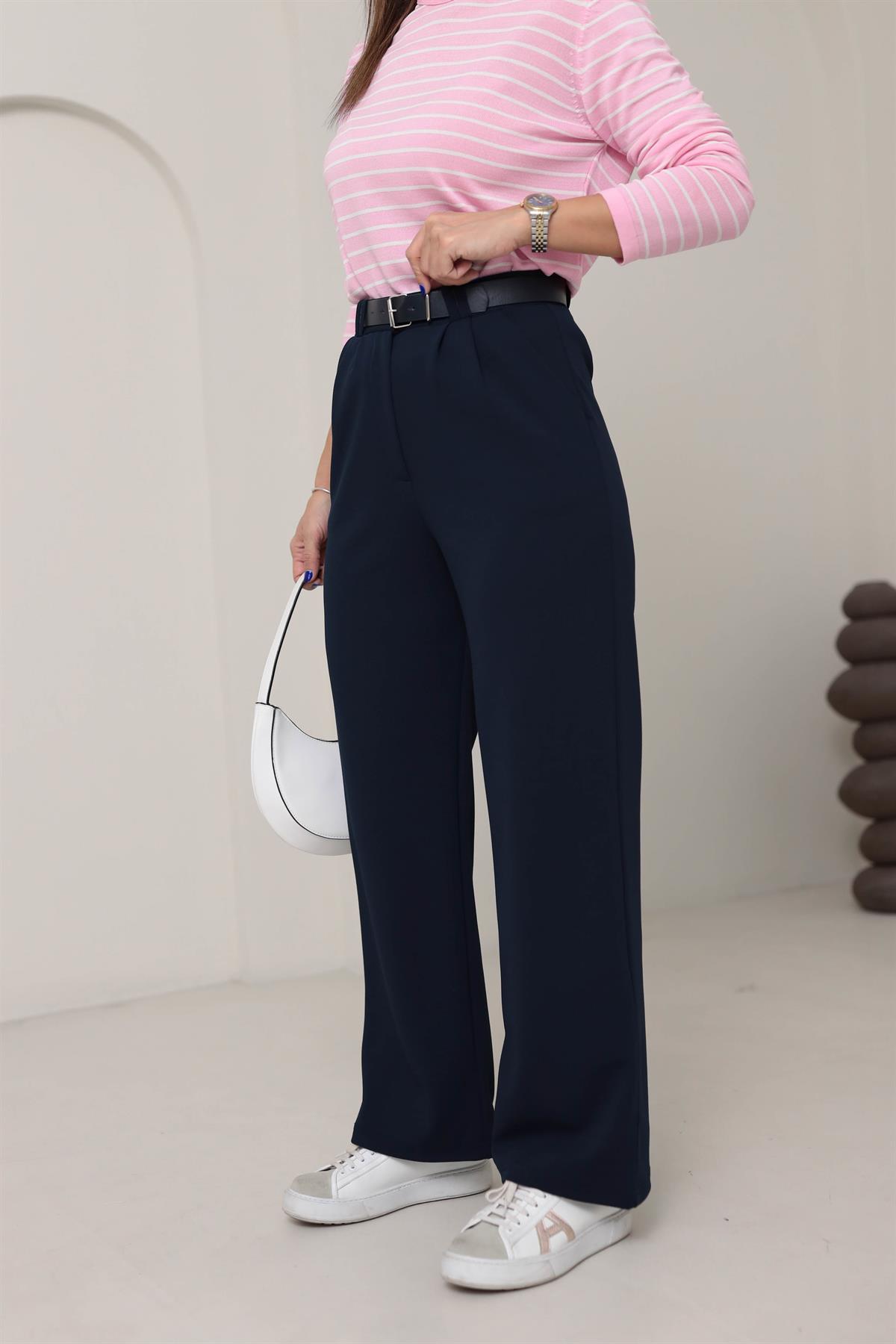 3851 Çift Pile Detaylı Kemerli Palazzo Pantolon LACİVERT