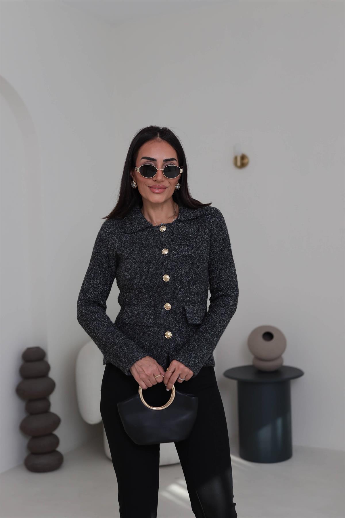 0265 Polo Yaka Düğmeli Cep Detaylı Triko Hırka ANTRASİT