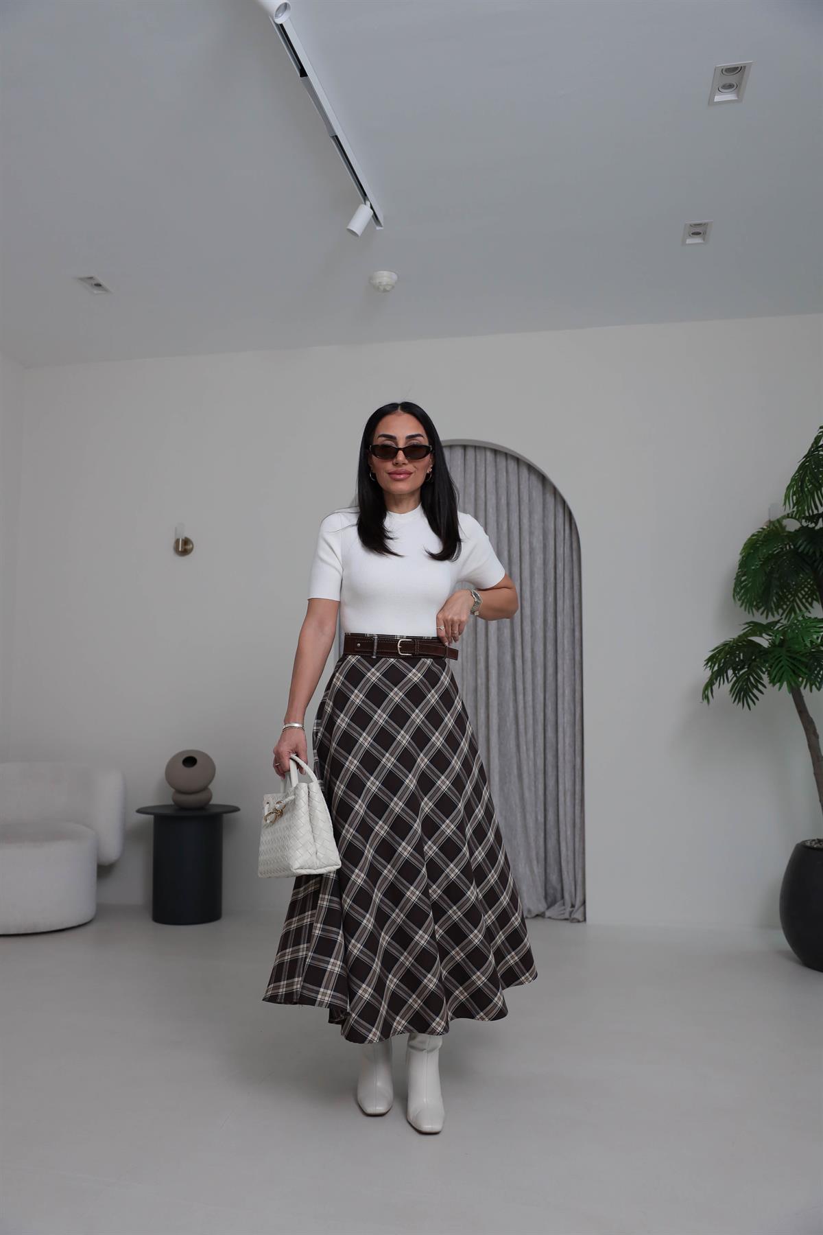 8461 Süet Kemerli Ekose Maxi Etek KAHVE