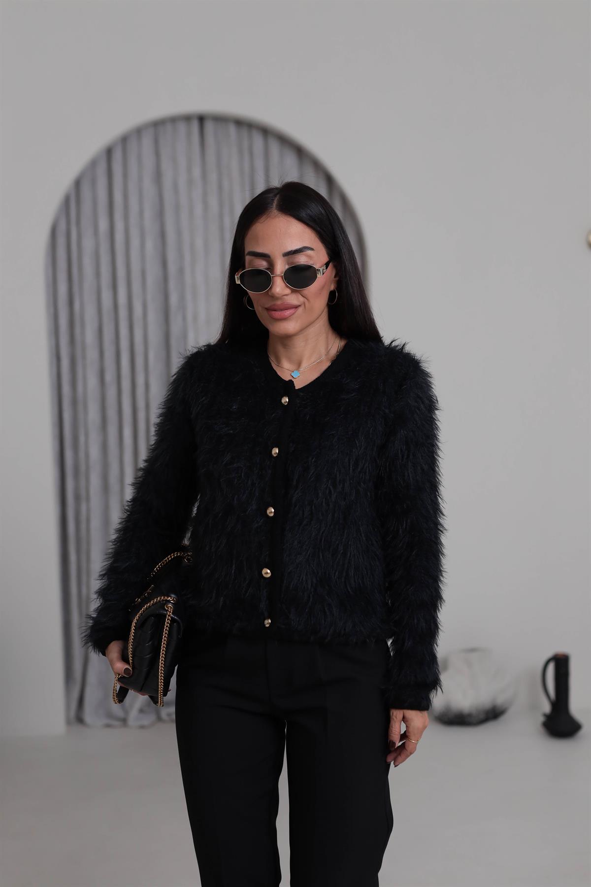 4938 Gold Düğme Detaylı Sakalı Hırka SİYAH