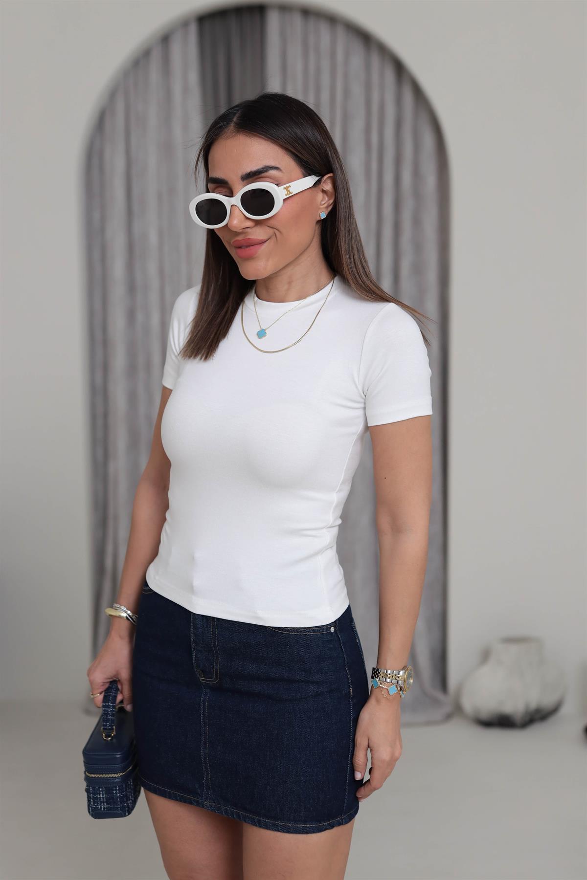 Yumuşak Dokulu Bisiklet Yaka Tshirt EKRU