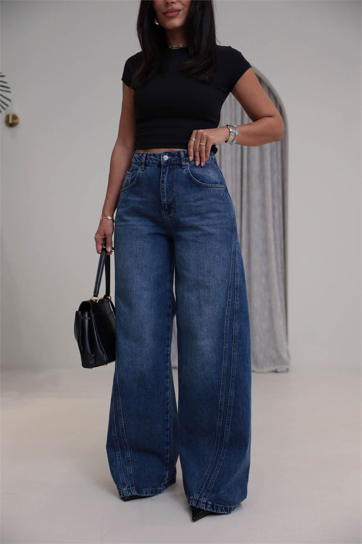 1067 Yanları Dikiş Detaylı Wide Leg Denim Pantolon KOYU MAVİ