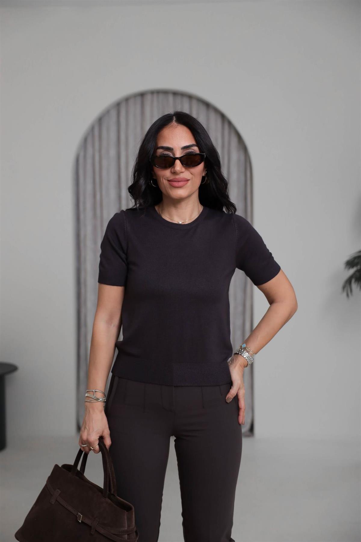 0779 Bisiklet Yaka Kısa Kol Basic Triko Bluz ACI KAHVE