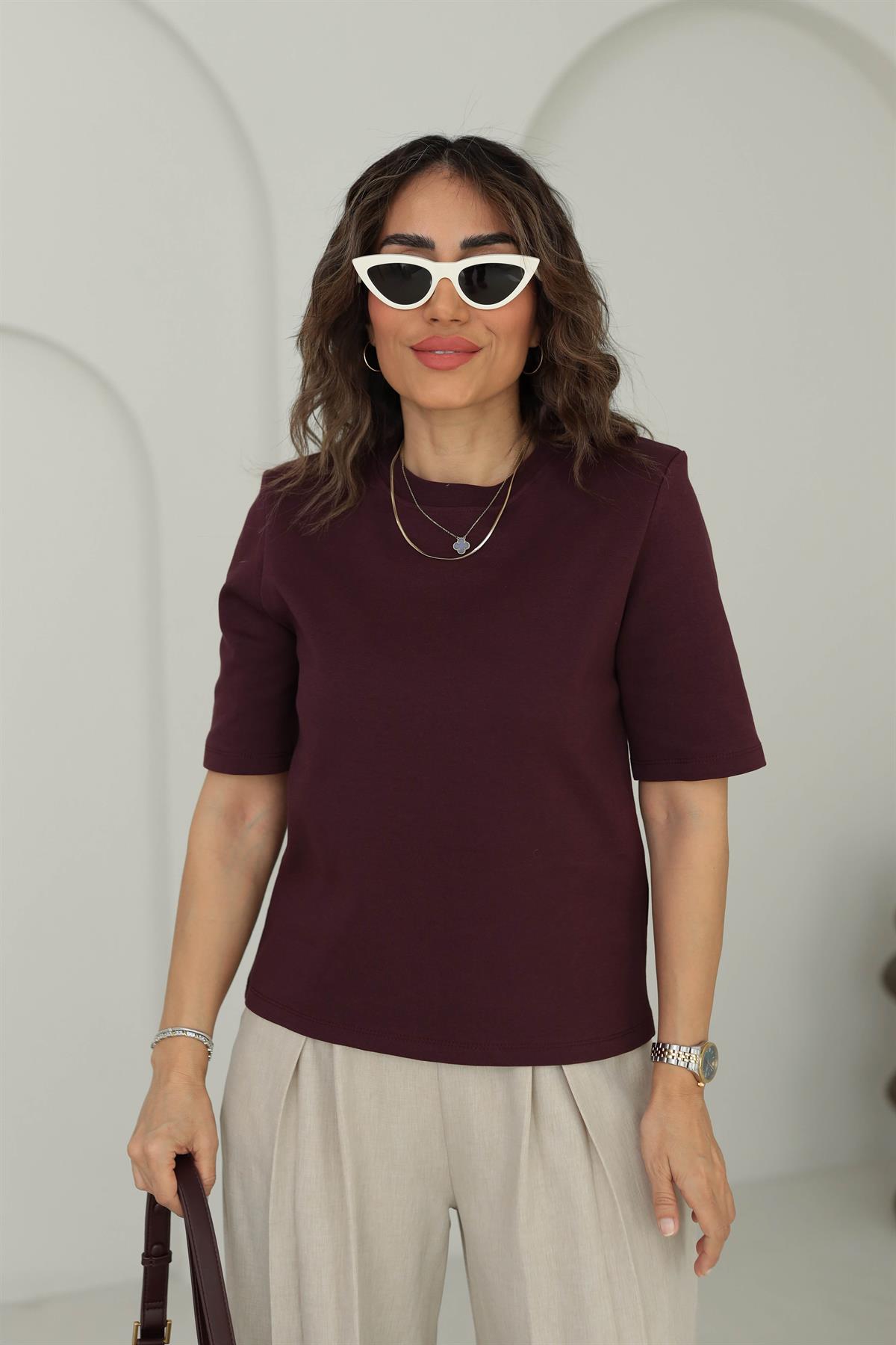1134 Vatkalı Kalın Dokulu Tshirt BORDO