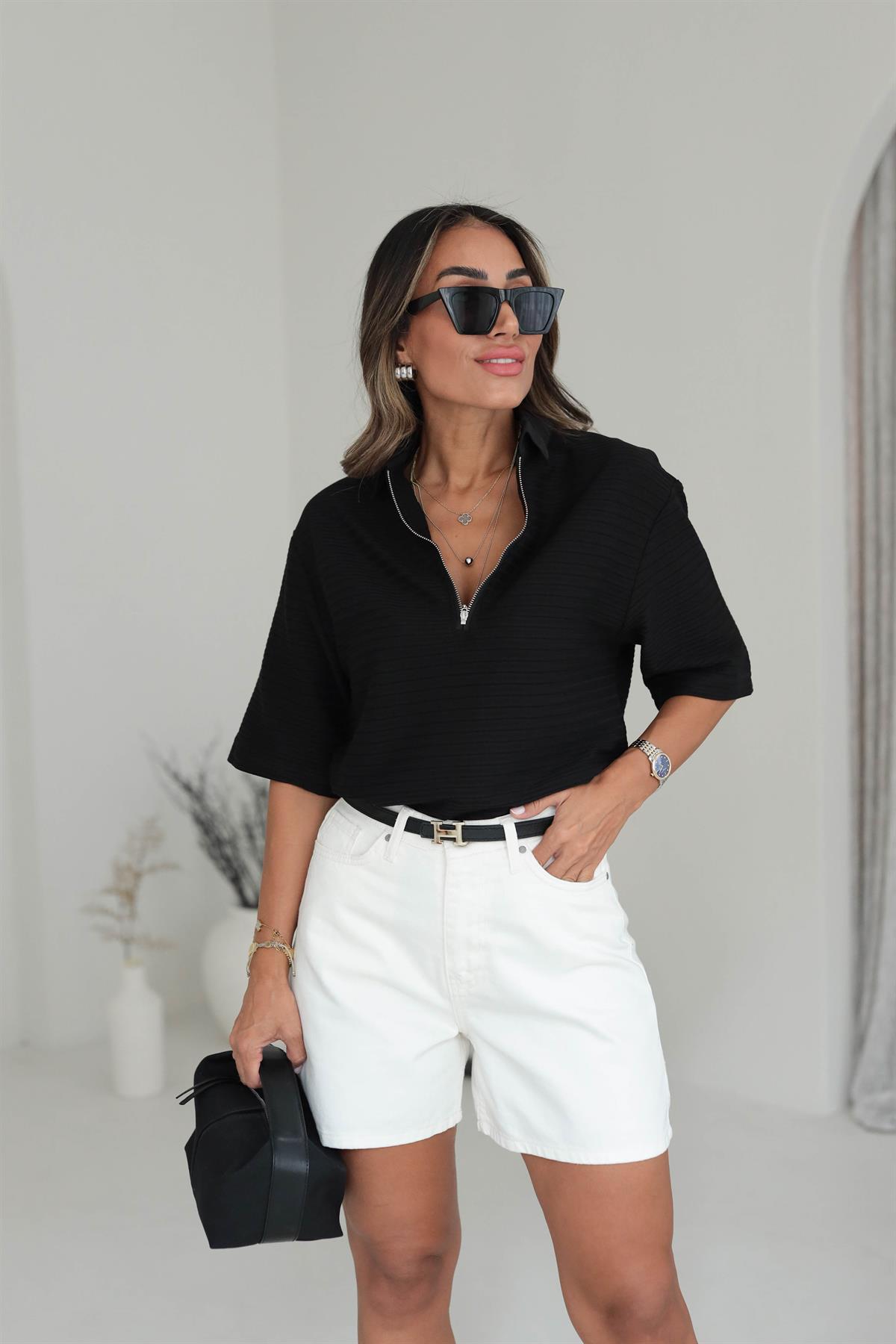 Polo Yaka Önden Fermuarlı Ajurlu Dokulu Tshirt