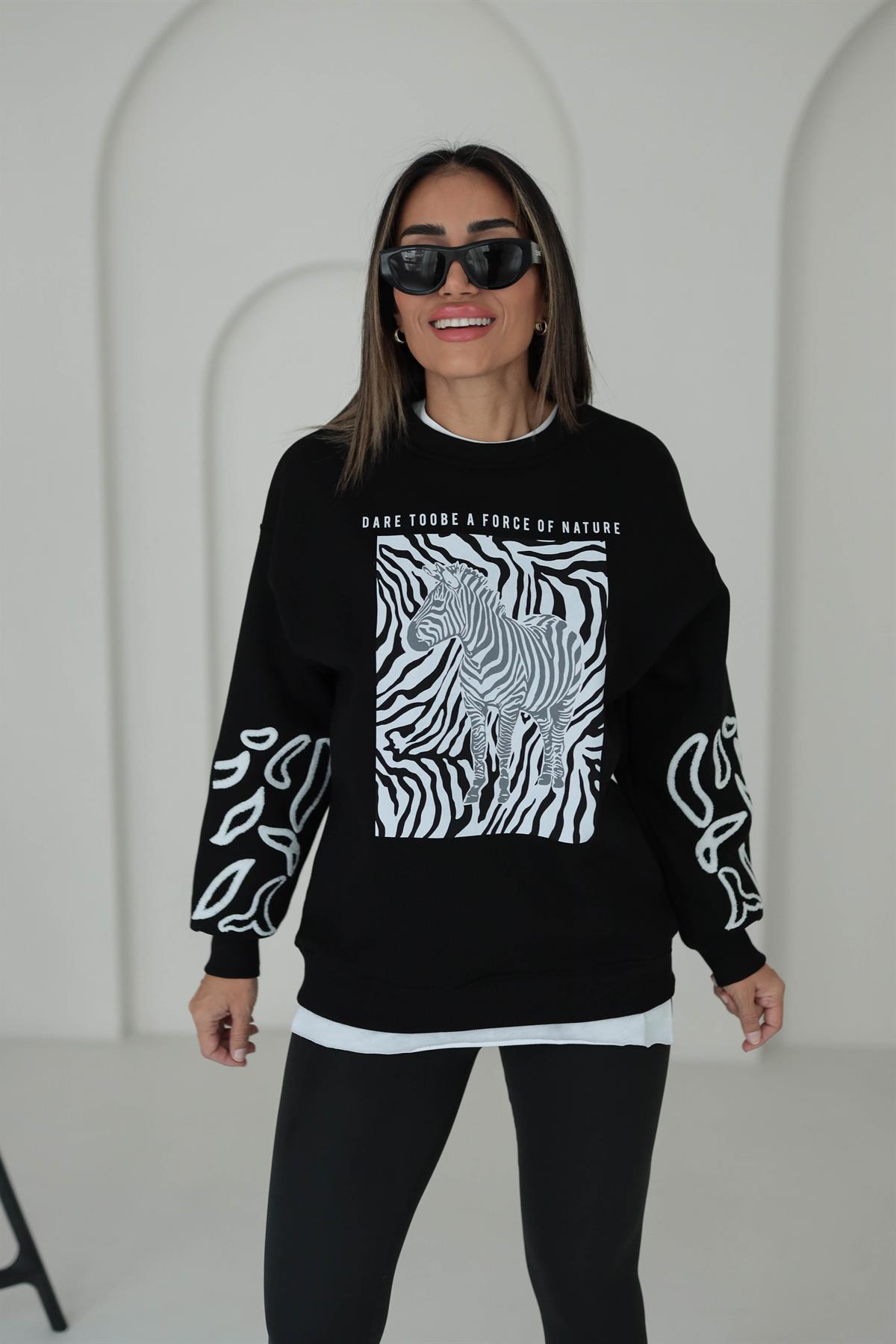 5591 Zebra Baskılı İşlemeli Sweatshirt
