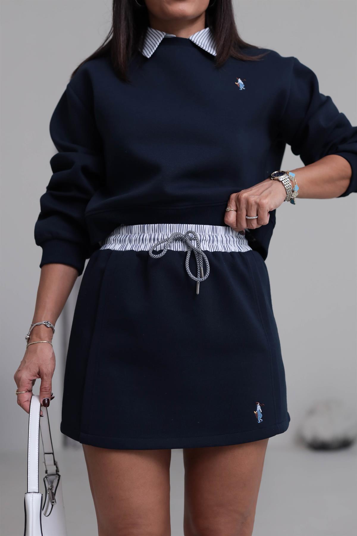 0780 Bel Lastikli Bağcıklı Sweat Etek LACİVERT